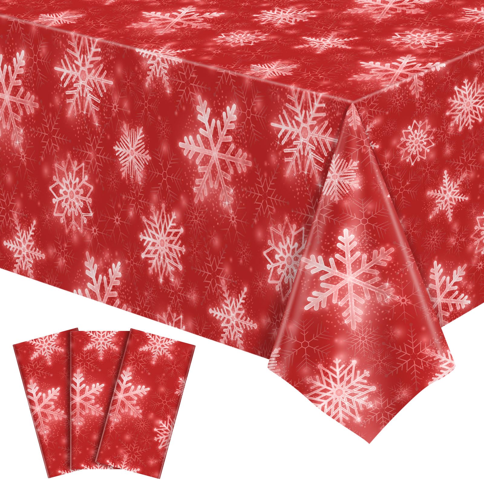 NatNarr 3 Pack Winter Snowflake Plastic Tablecloth, 54 x 108Inch Red and White Snowflake Table Cover Disposable Waterproof Holid
