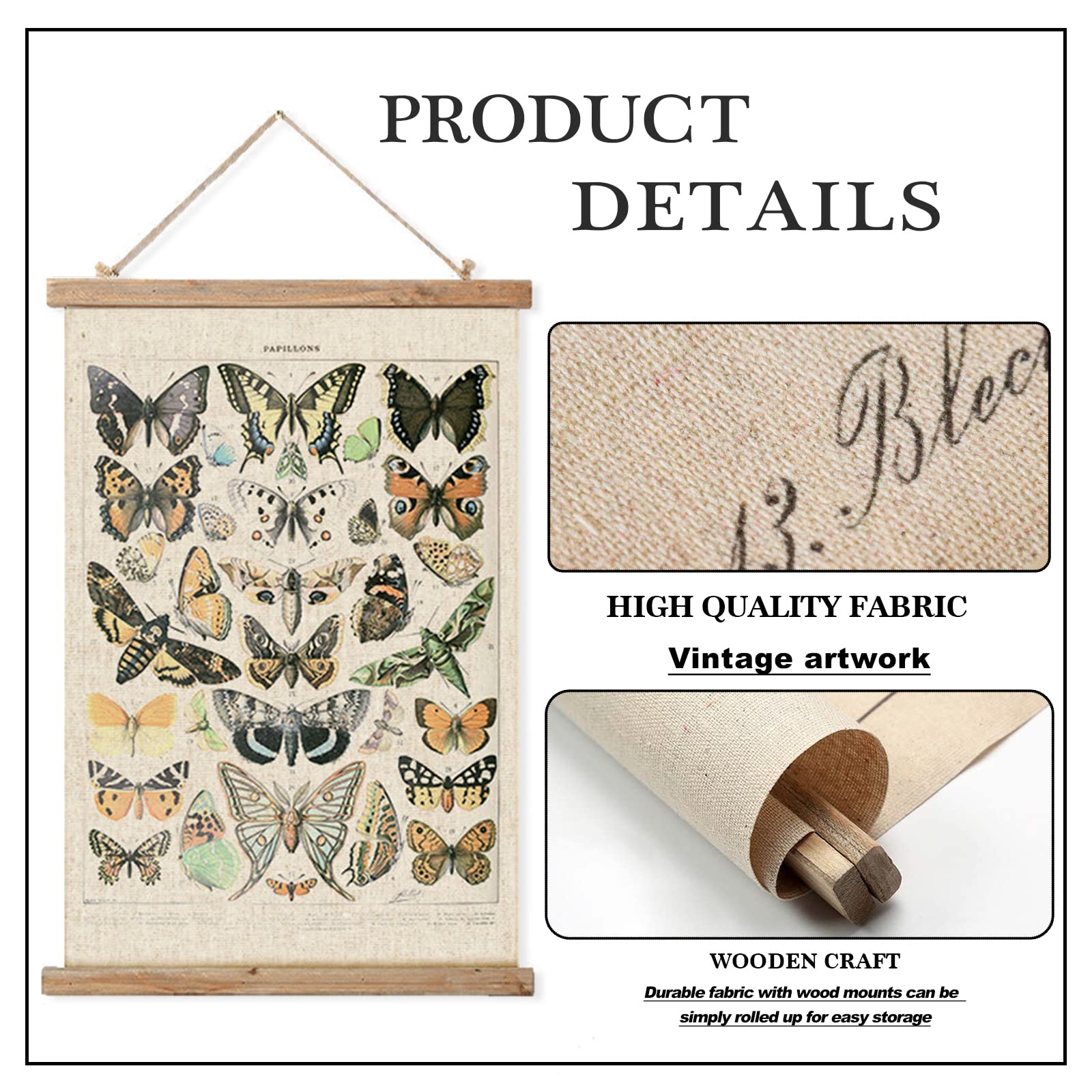 Vintage Butterflies Hanging Poster, Retro Style Of Wall Art Prints, Printed On Linen With Wood Frames, Ready To Hang
