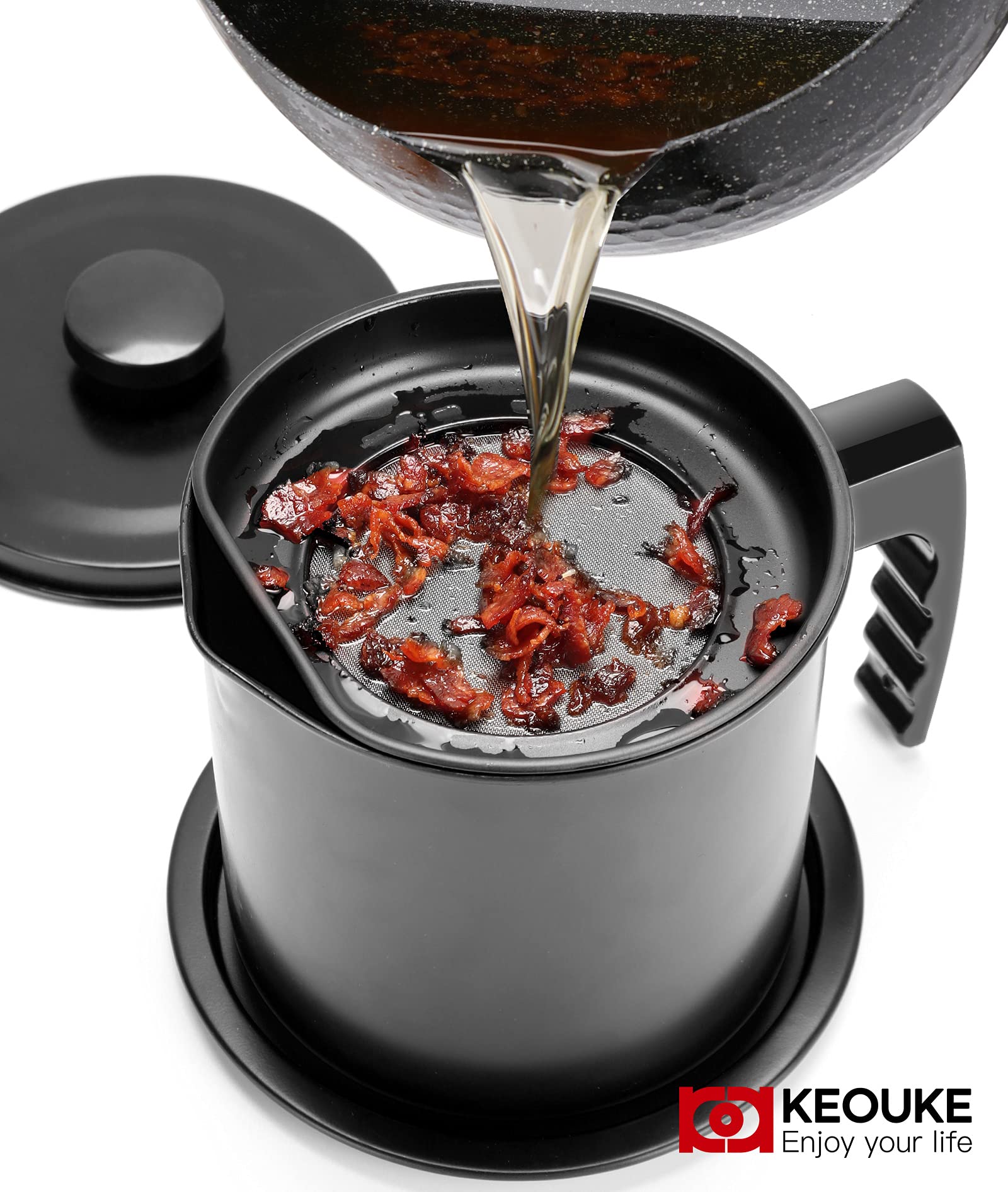 Keouke Bacon Grease Container With Strainer - 1.3L / 5.2 Cups Oil Storage Holder Can For Cooking, Frying With Replaceable Cleani