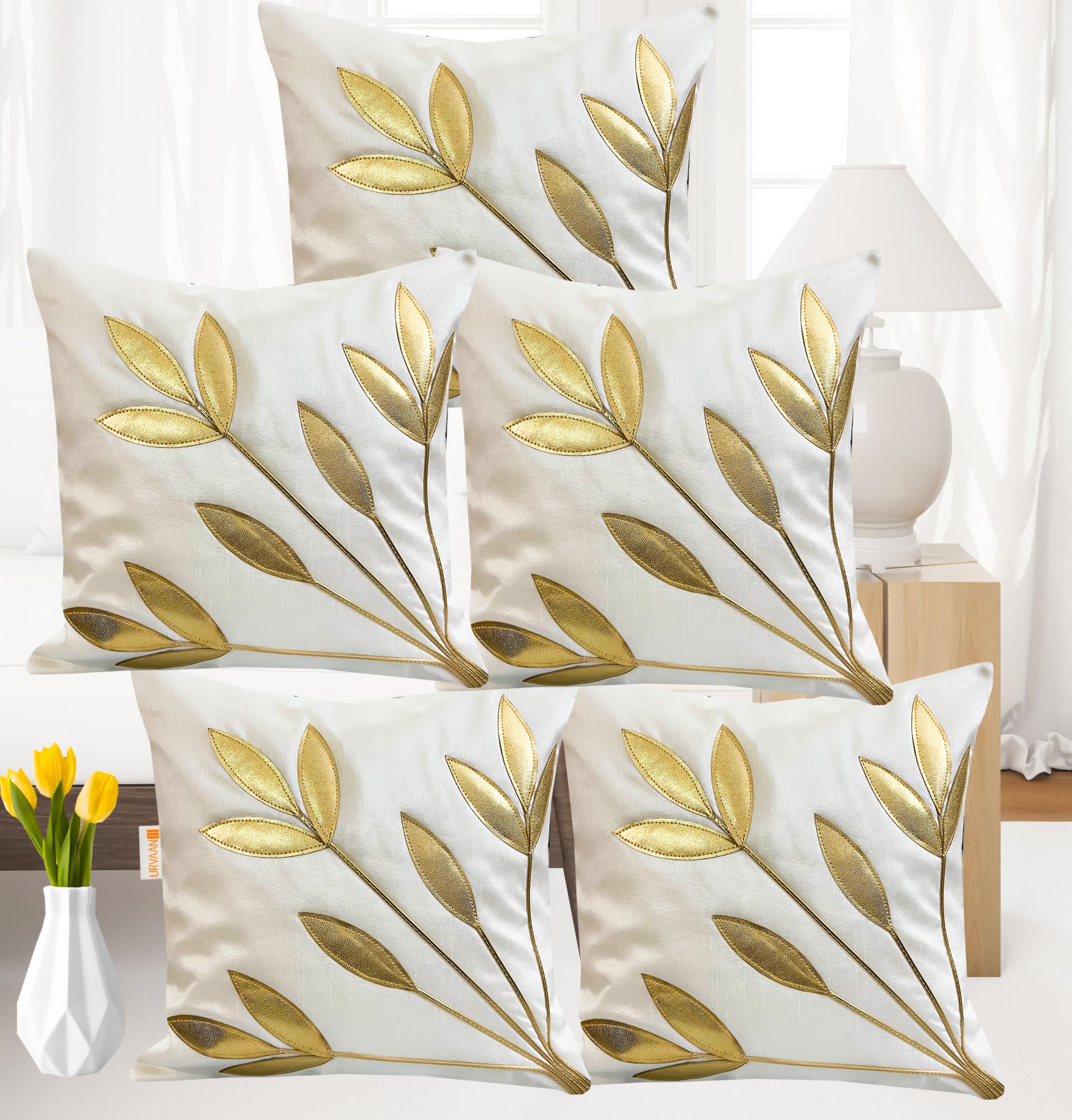 Urvaan White Golden Floral Silk Cushion Covers, 16 X 16 Inch, Set Of 5