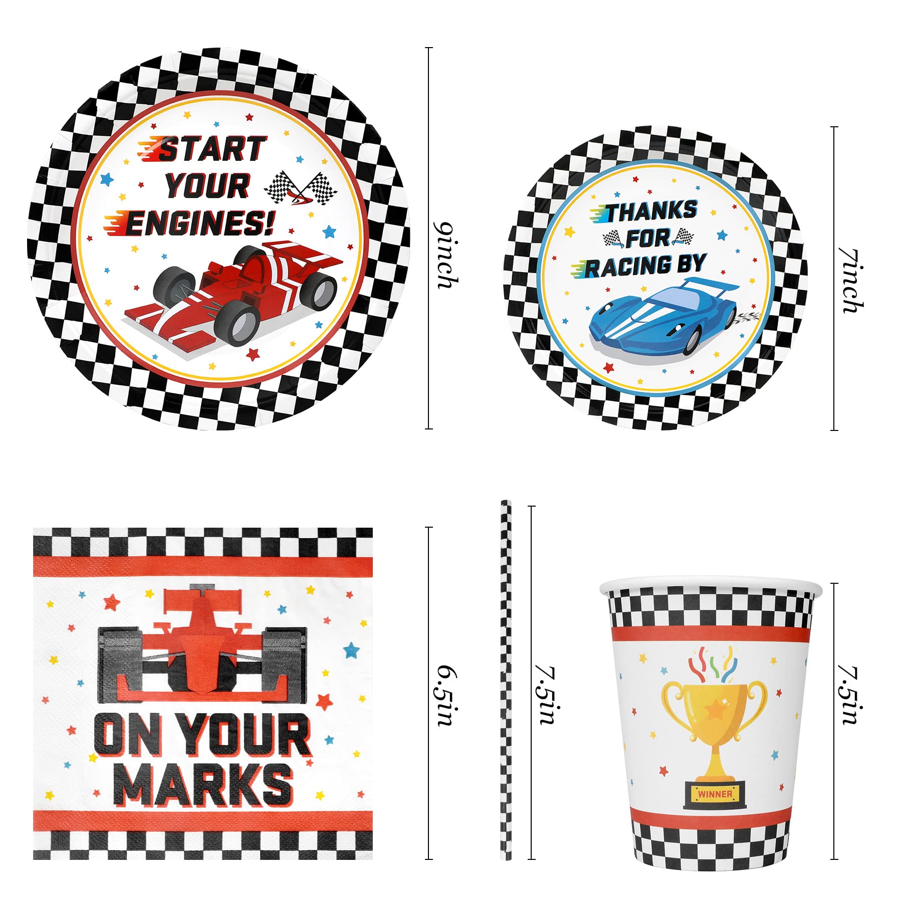 Racing Car Party Supplies Decorations, Checked Race Car Theme Birthday Paper Plates And Napkins Set With Cups And Straws For 24