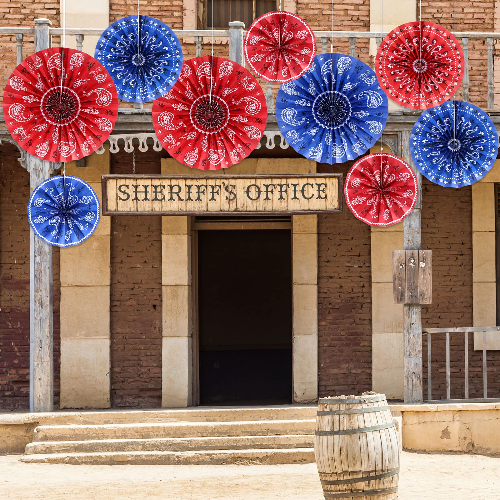 Outus 9 Pcs Bandana Hanging Paper Fans Decorations Wild West Paper Fans Classroom Decorations Western Themed Ceiling Wall Garlan