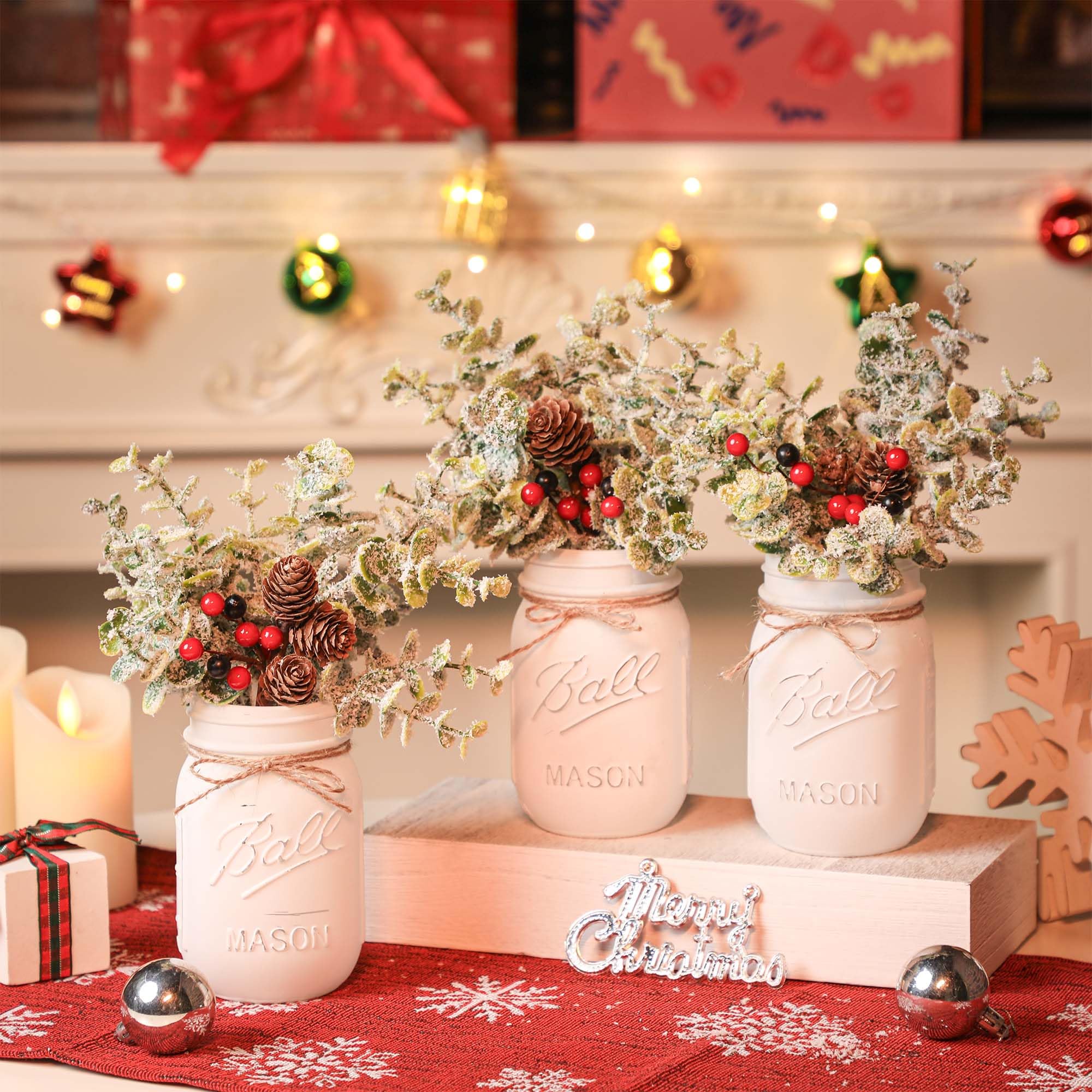 Christmas Mason Jars, Set of 3 White Painted Jars with Artificial Pine and Berries in Wood Tray, Christmas Centerpieces for Dini