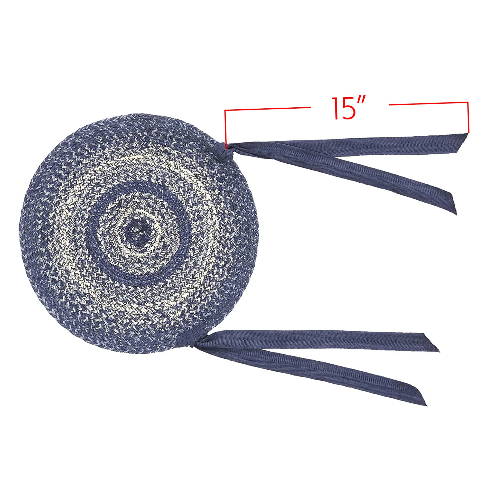Vhc Brands Great Falls Blue Round Seat Cushion Chair Pad, Blue White, Jute Blend With Ties, 15X15 Inches