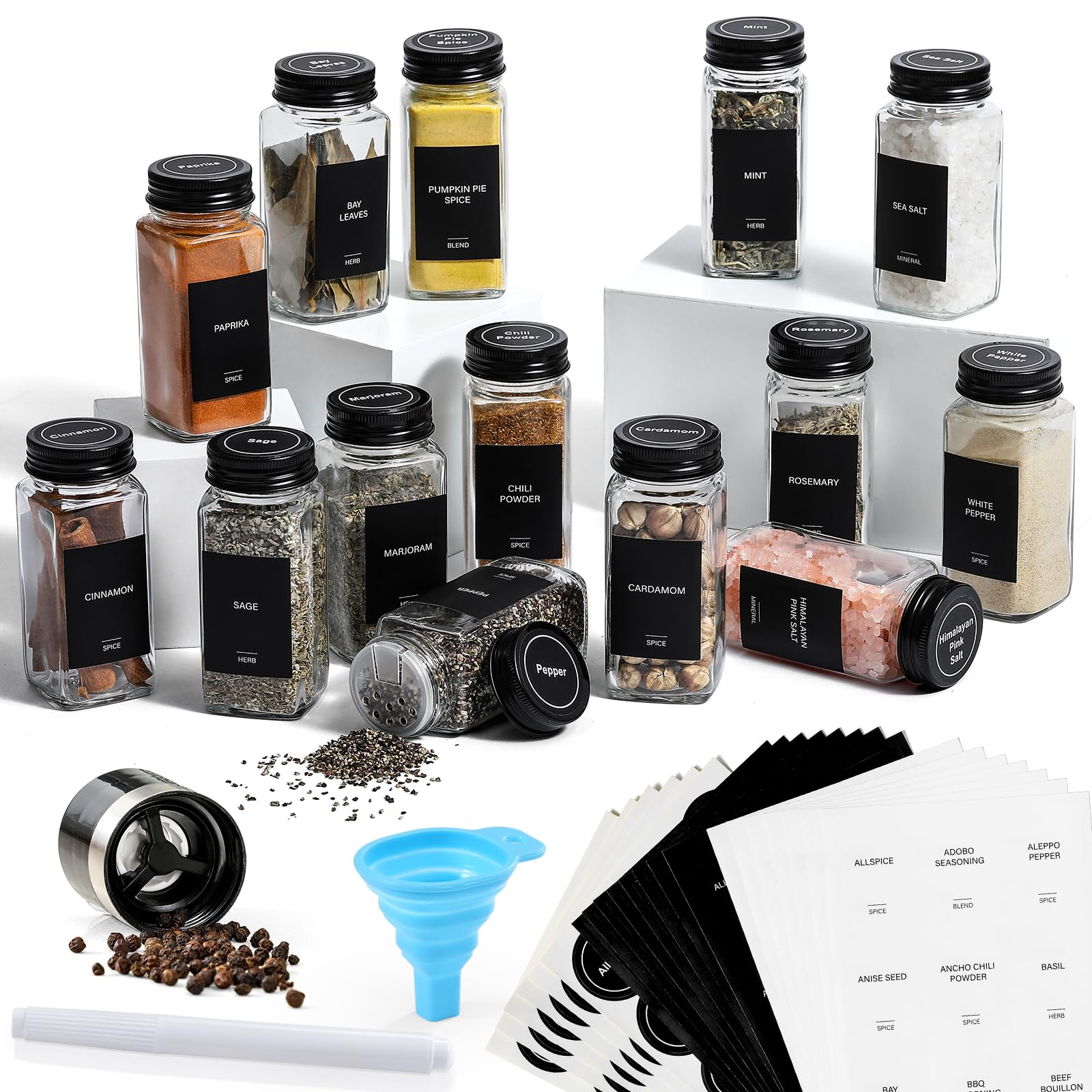 Aozita 14 Pcs Glass Spice Jars With Black Lids - 4Oz Empty Square Spice Bottles And Spice Labels - Black Shaker Lids And Airtigh