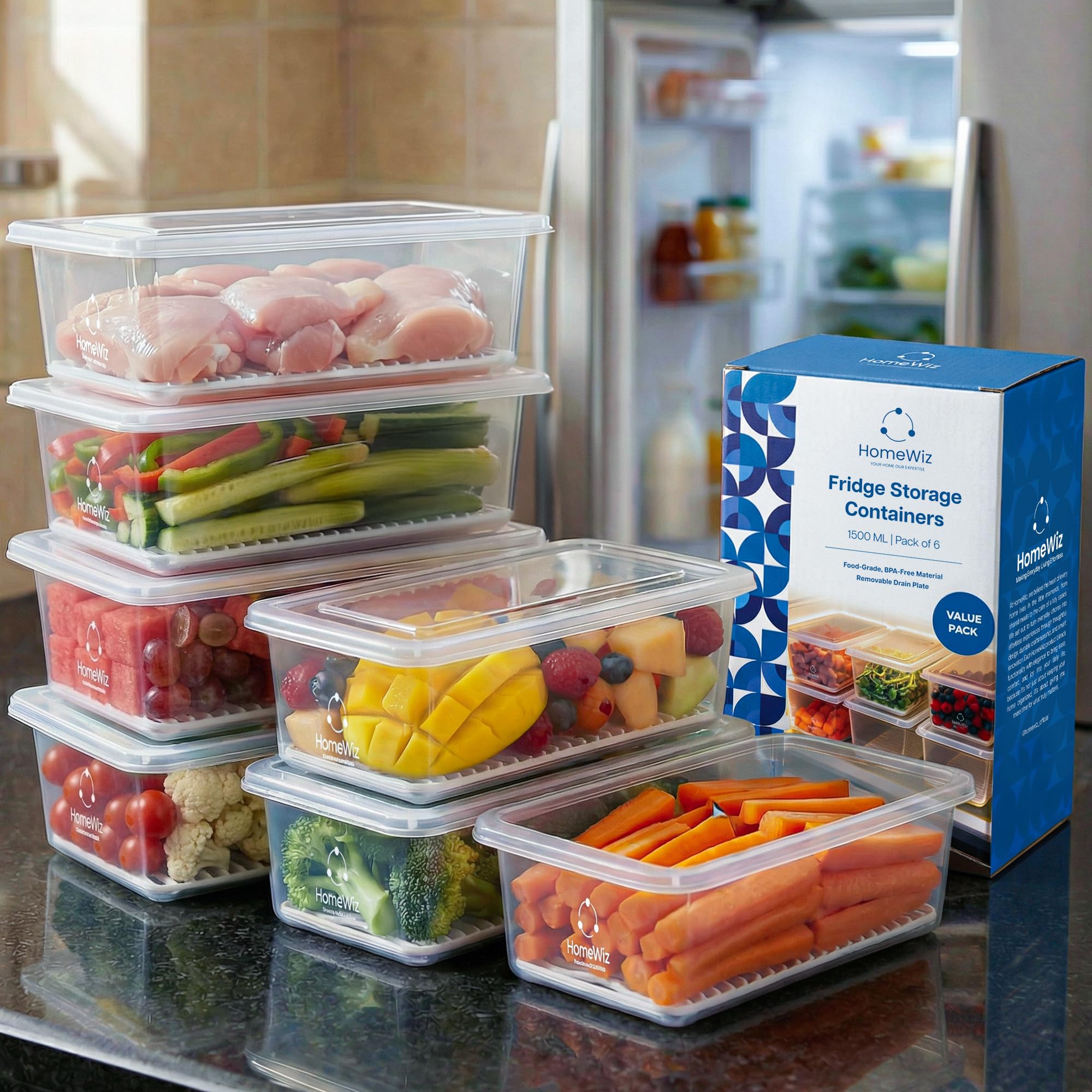 Homewiz Fridge Storage Containers (Pack Of 6) 1500Ml Each | With Lids & Removable Drain Plate | Stackable Fridge Organizer For F