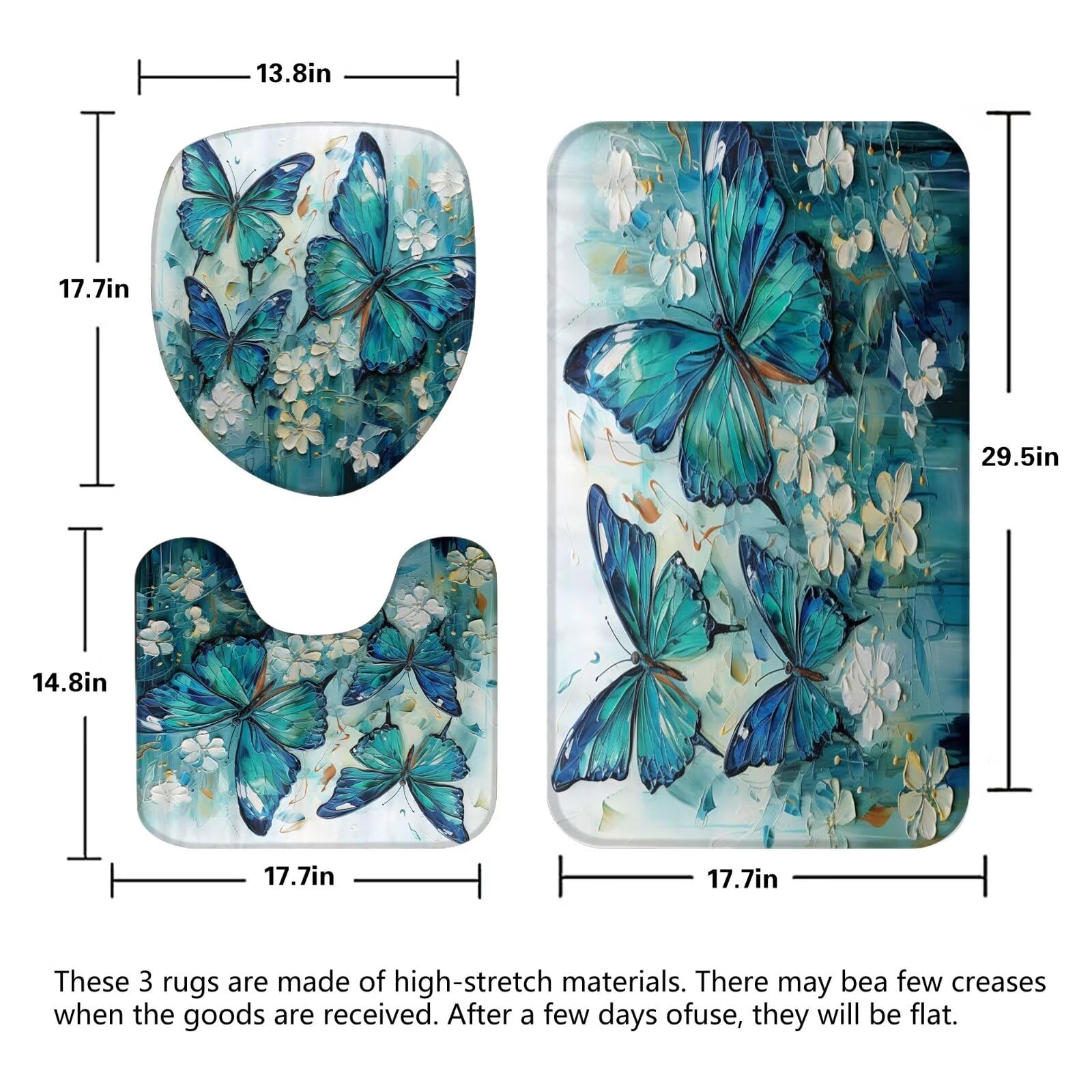 Pretyw 4 Pcs Green Blue Butterfly Shower Curtain Set With Non-Slip Rugs White Flowers Oil Painting Boho Bathroom Set Bathroom Ca