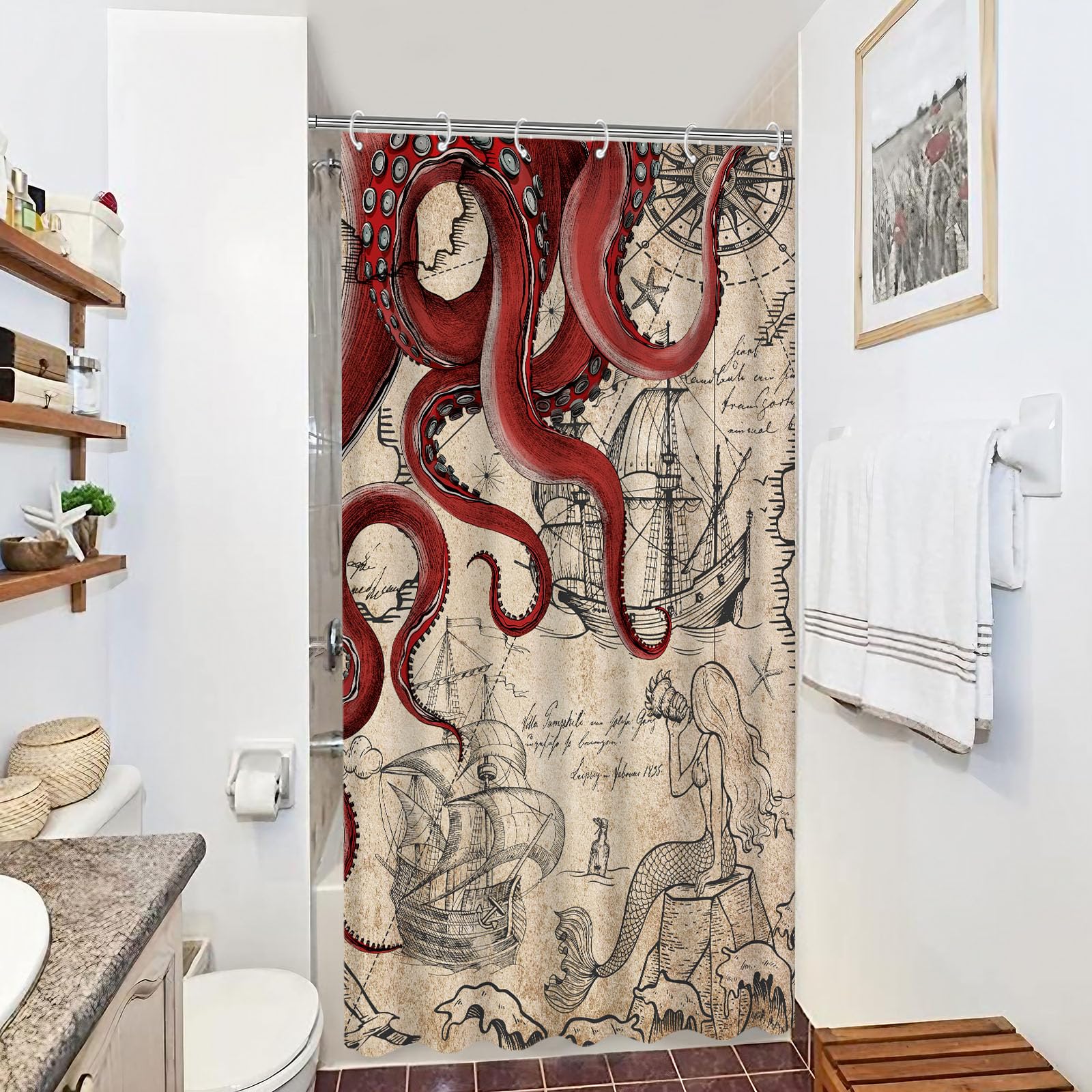 Fungarth Stall Vintage Red Nautical Octopus Shower Curtain Mermaid Funny Ocean Kraken Shower Curtains For Bathroom Cool Anchor C
