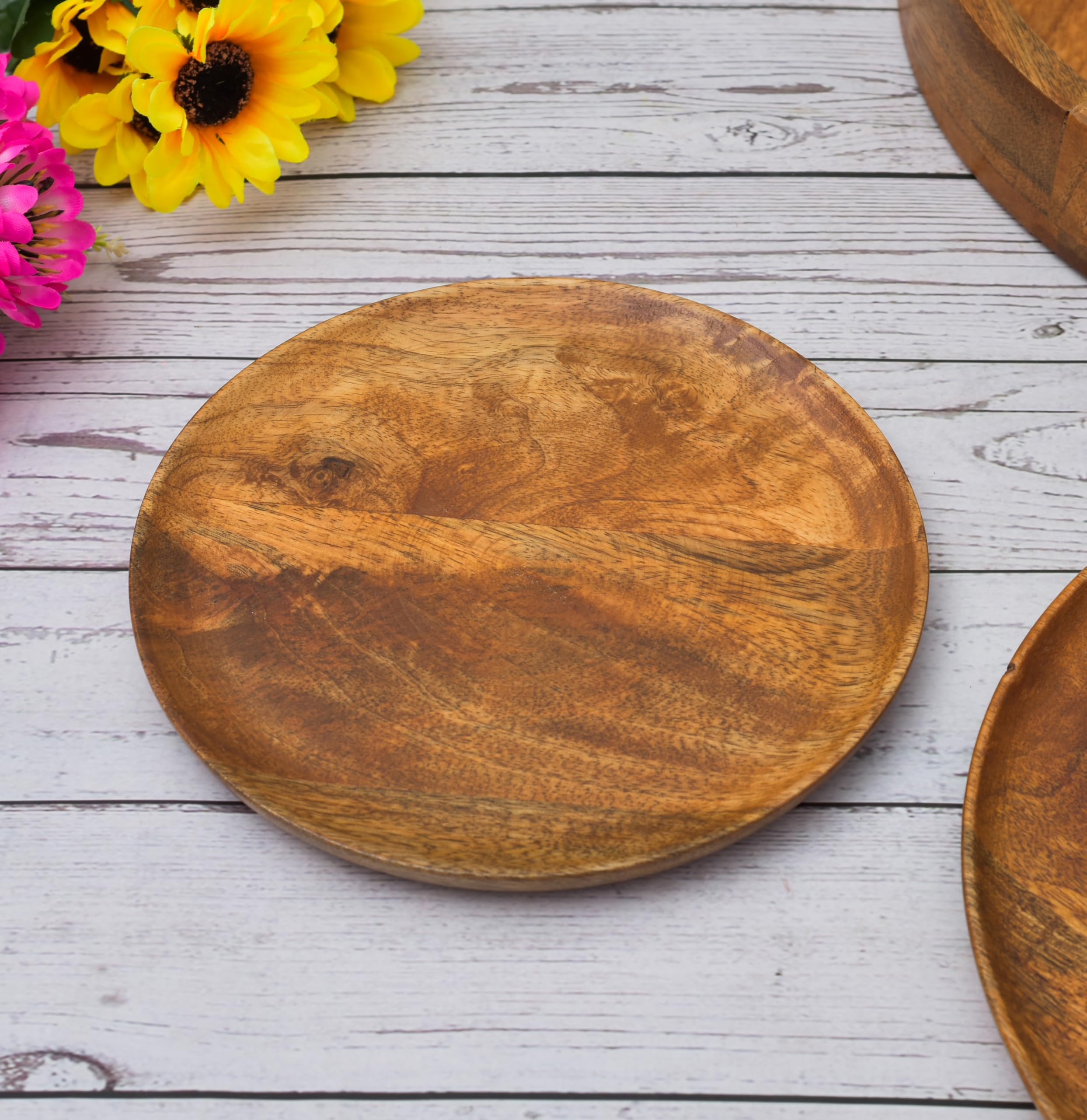 Oggn Table Decor Round Shape Artistic Wooden Plate For Home And Kitchen Round Wood Tray, Wooden Serving Tray Platter For Snacks,