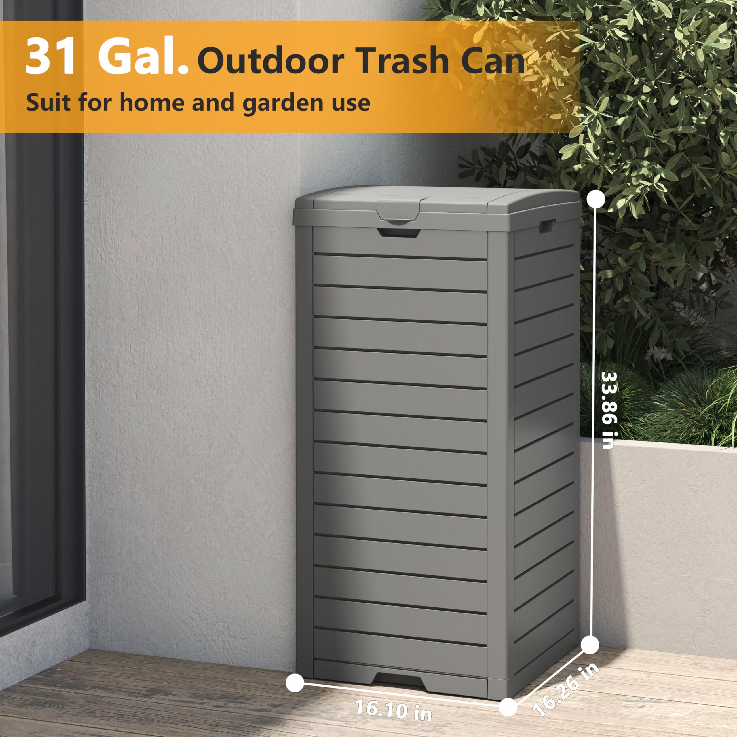 31 Gallon Outdoor Trash Can, Garbage Can With Tiered Lid And Drip Tray, Waterproof Resin Outside Trash Bin For Patio, Backyard,