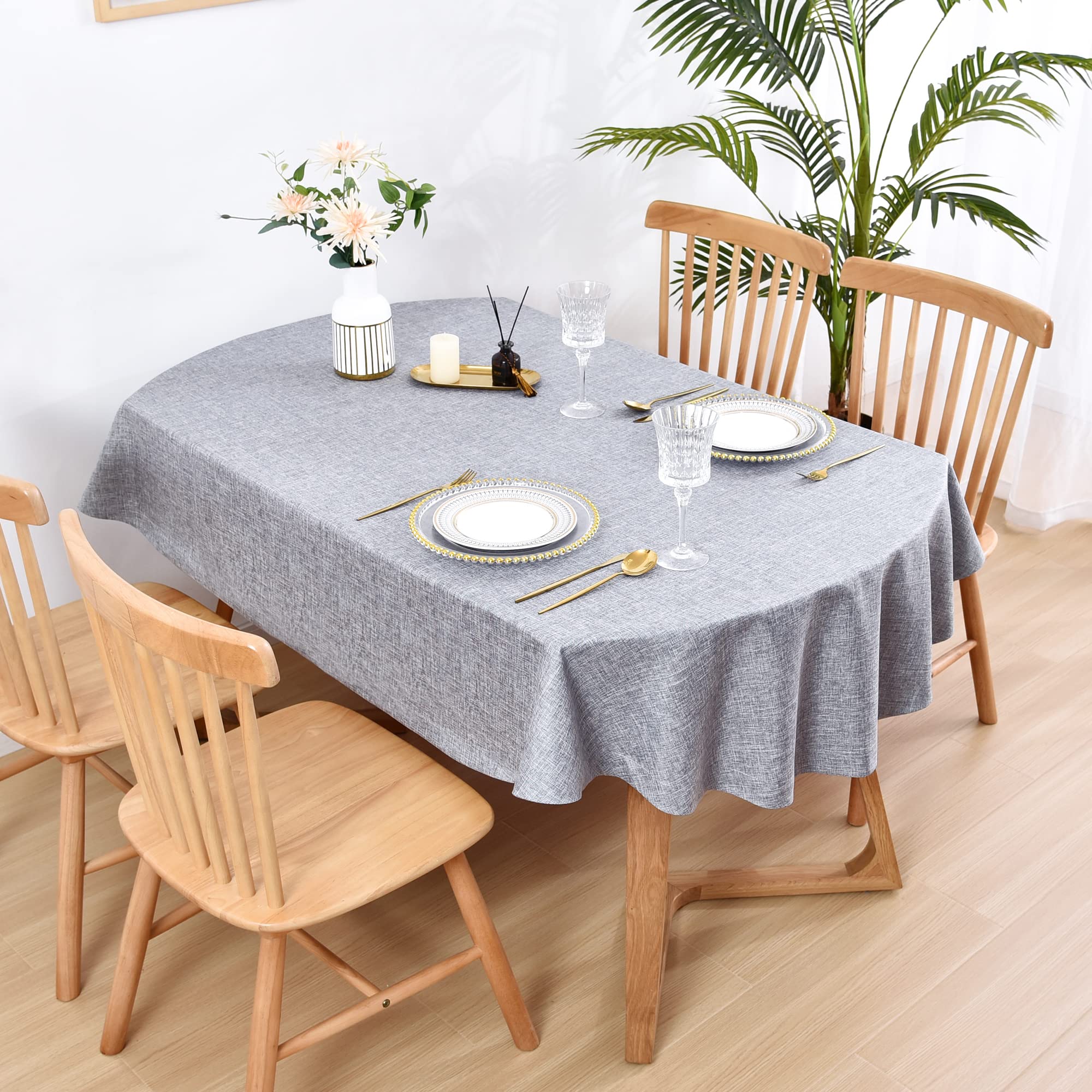 Wolkemer Faux Linen Oval Tablecloth Heavy Duty Wrinkle Resistant Fabric Table Cloths 60 x 84 Inch Grey Farmhouse Rustic Table Co