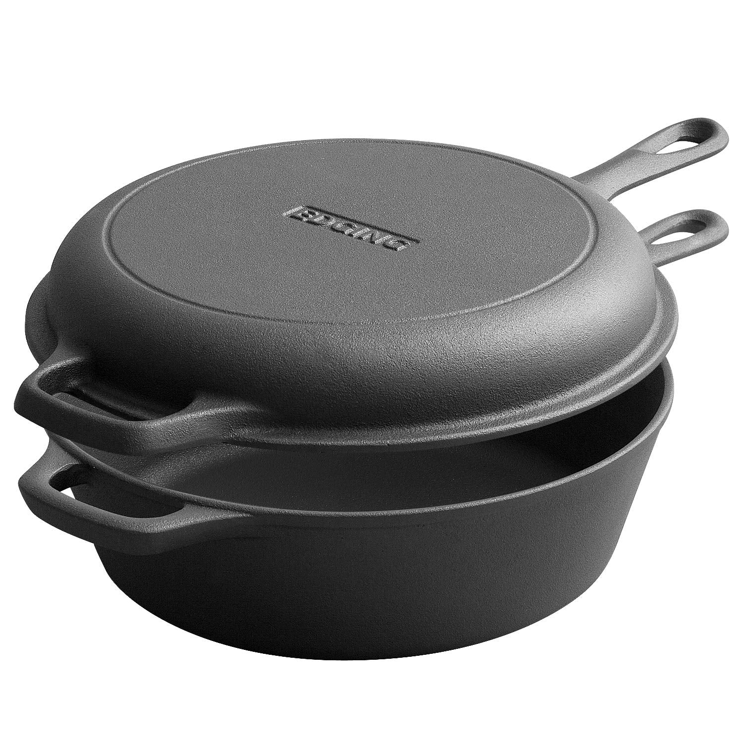 Edging Casting 2-In-1 Pre-Seasoned Cast Iron Dutch Oven Pot With Skillet Lid Set, 10'' Skillet 3Qt Pot For Cooking, Baking, Fryi