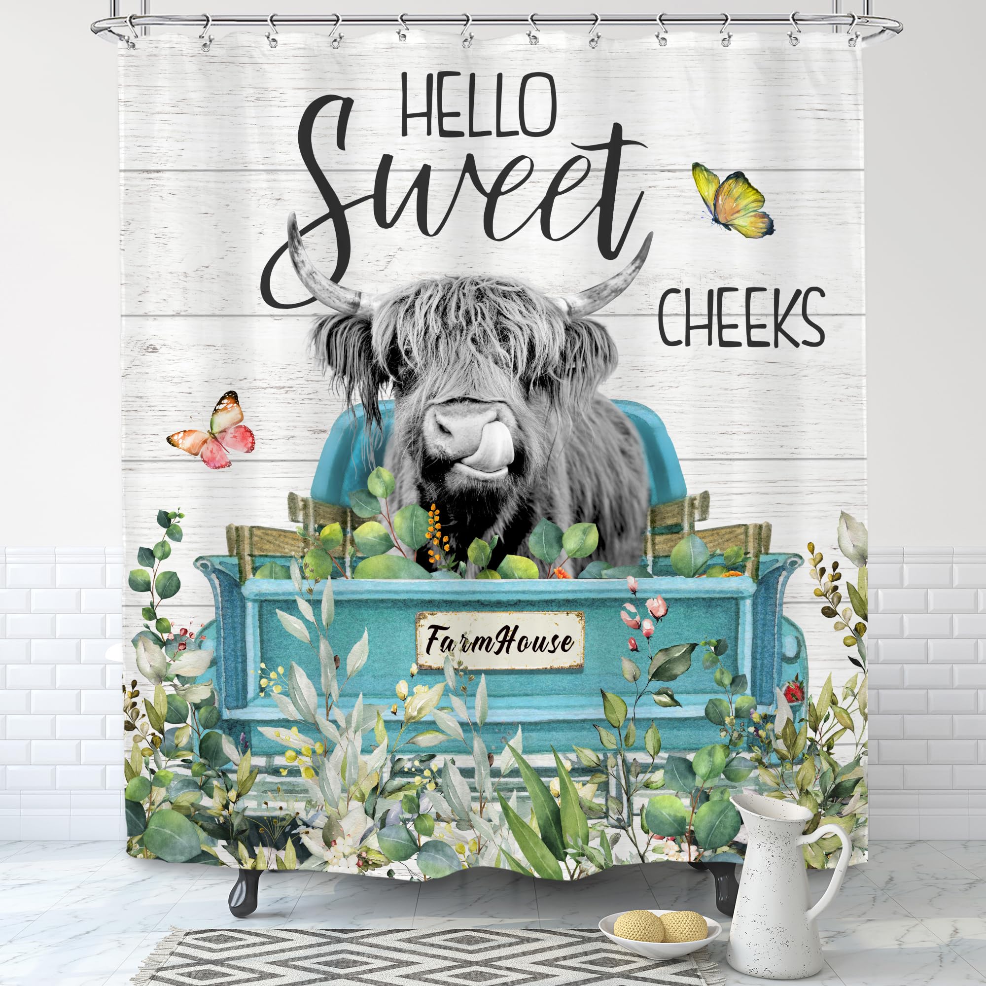 Svbright Highland Cow Shower Curtain 60Wx72L Inch Eucalyptus Funny Spring Cattle Bull Western Animal Truck Rustic Woodnature Far