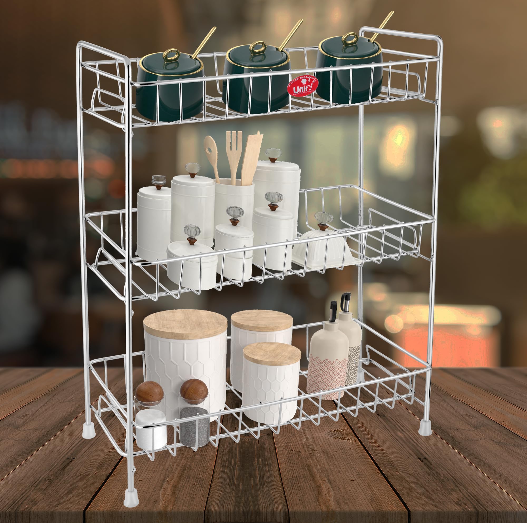 Unify Stainless Steel 3 Tier Kitchen Countertop Spice Container Organizer Rack With Shelf Liner For Cabinet Pantry Office (Chrom