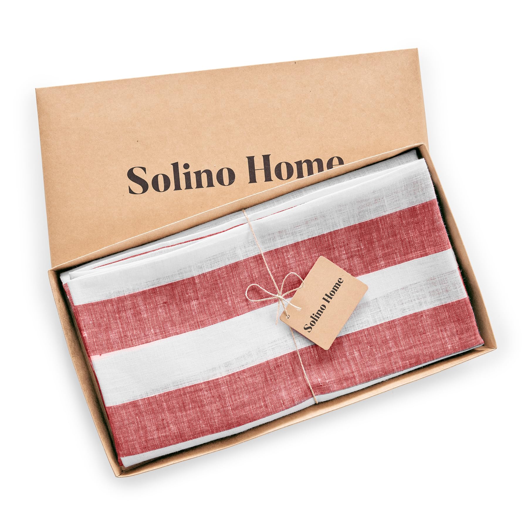Solino Home Cabana Stripe Linen Round Tablecloth 60 Inch Diameter - 100% Pure Linen Red And White Tablecloth For Spring - Handcr