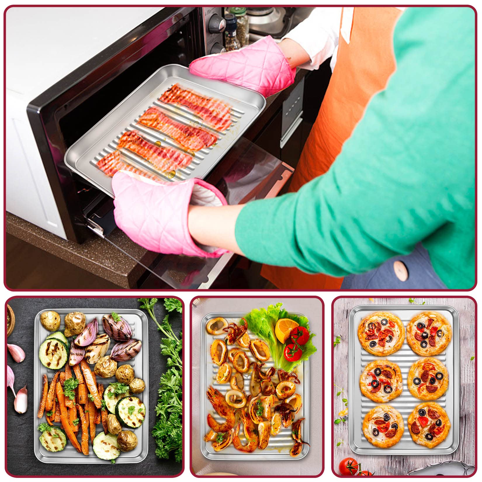 P&P Chef Mini Toaster Oven Pan Set Of 2, 9 X 7 X 1 Inch Stainless Steel Small Baking Cookie Pan For Cooking & Roasting, Corrugat