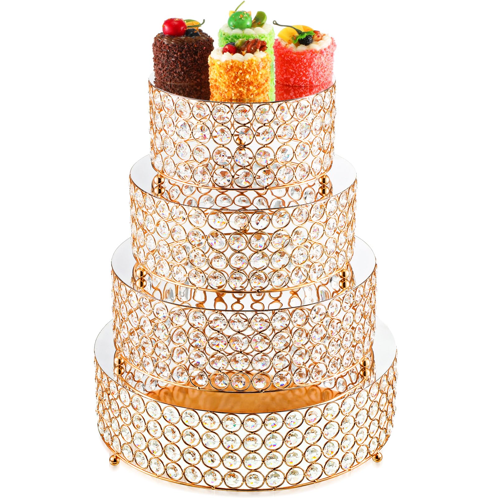 Uiifan 4 Pcs Crystal Gold Cake Stand Set 4 Size Elegant Round Dessert Display Stand Metal Cupcake Stand With Mirror Plate Crysta