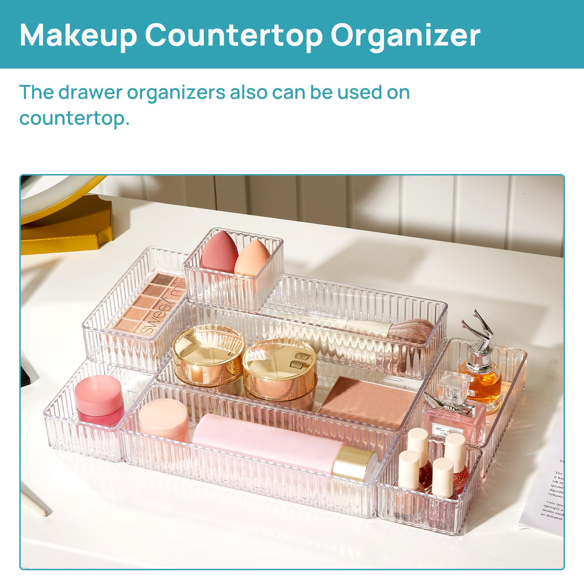 Vtopmart 7 PCS Clear Drawer Organizers Bins, 4-Size Stackable Makeup and Vanity Drawer Organizer Trays, Acrylic Bathroom Drawer