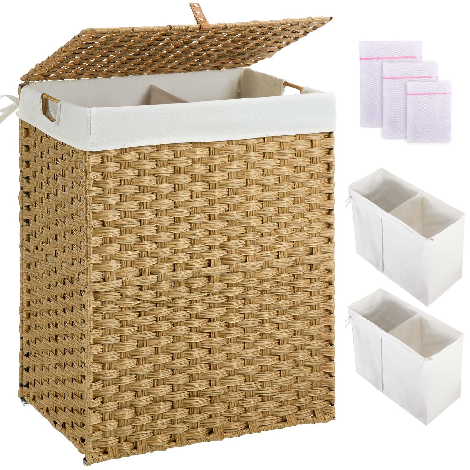 GREENSTELL Laundry Hamper with lid  No Install Needed  110L Wicker Laundry Baskets Foldable 2 Removable Liner Bags  2 Section Clothes Hamper Handwoven Rattan Laundry Basket with Handles  Natural