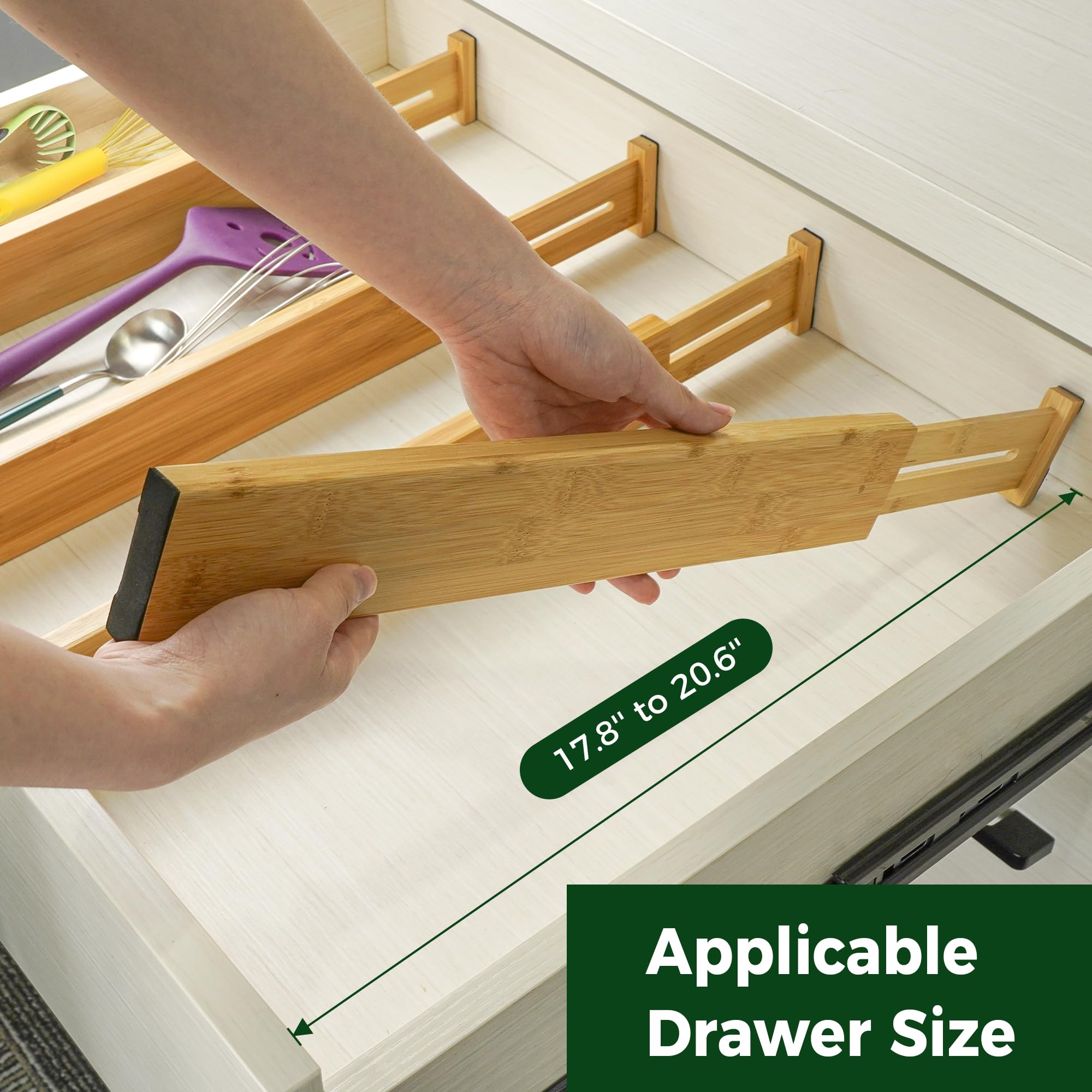 Utoplike 4 pcs Bamboo Kitchen Drawer Dividers(166-217IN),Adjustable Drawer Organizers,Spring Loaded,Works in Kitchen,Dresser,Bat