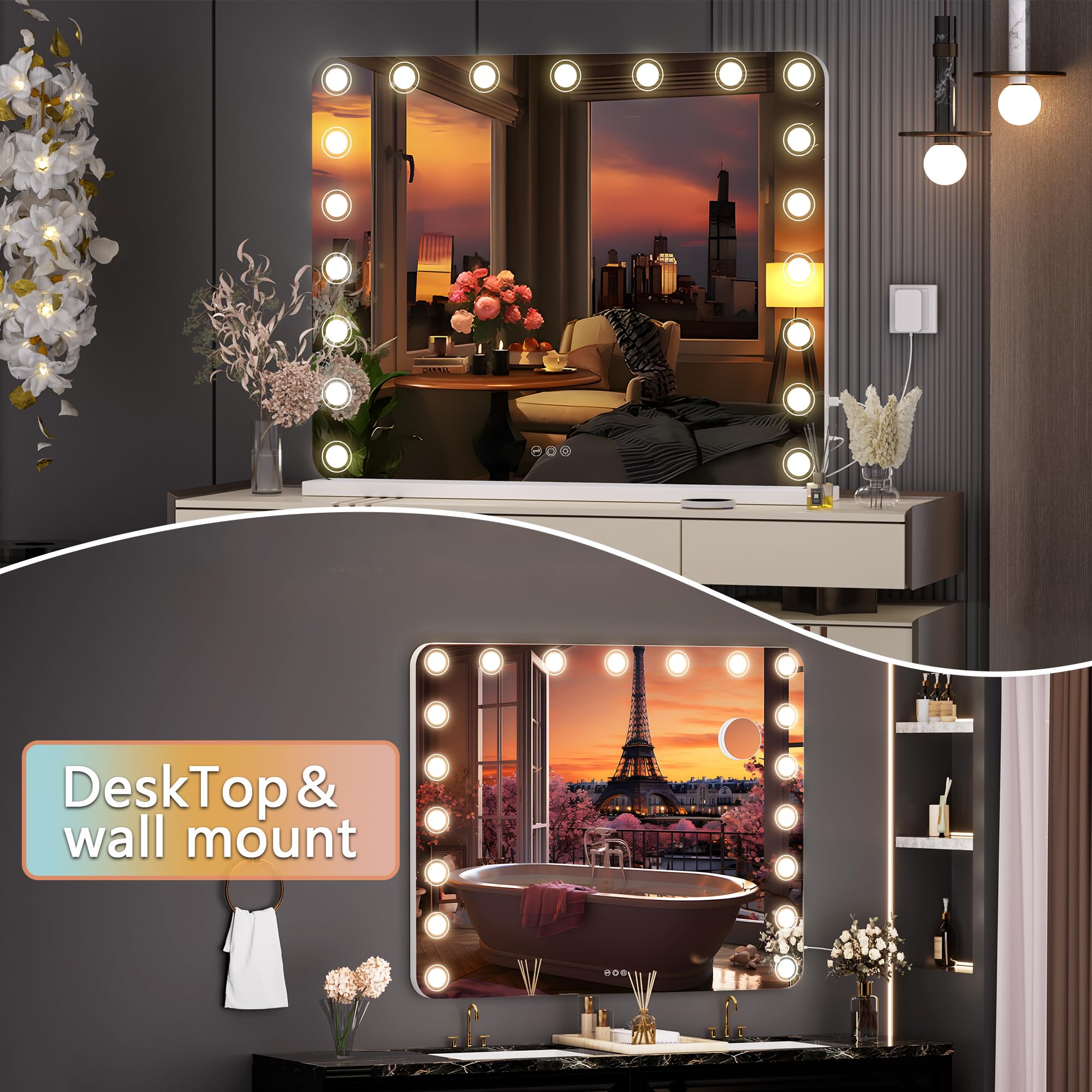 Hasipu Vanity Mirror With Lights, 40'' X 32'' Makeup Mirror, Light Up Mirror With 19 Dimmable Led Lights And 10X Magnification,