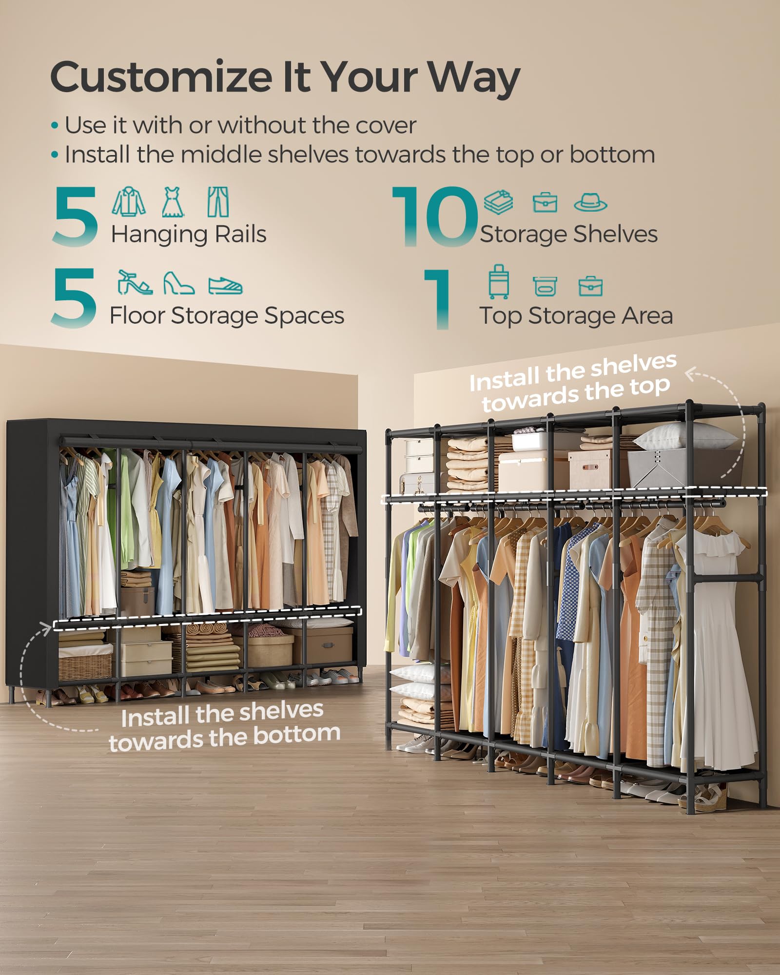 Songmics Wardrobe Closet, 83.5 Inch Large Capacity Portable Closet, Clothing Rack, 25 Mm Dia,Thick Steel Tubes, Clothes Organize