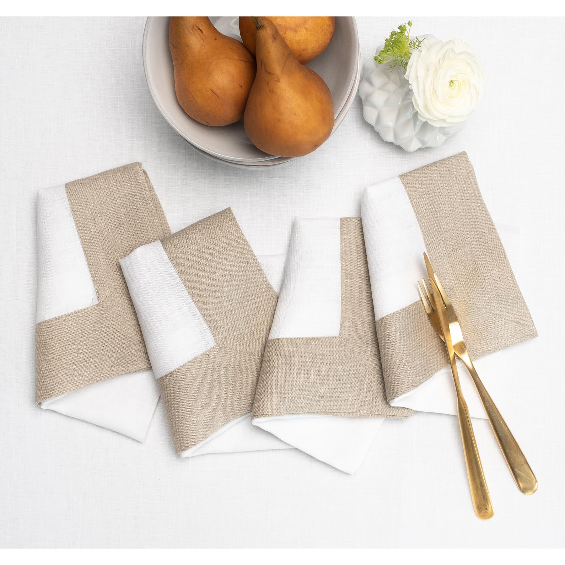 Solino Home Linen Dinner Napkins 20 X 20 Inch - 100% Pure Linen Natural And White Cloth Napkins Set Of 4 - Contempo, Handcrafted