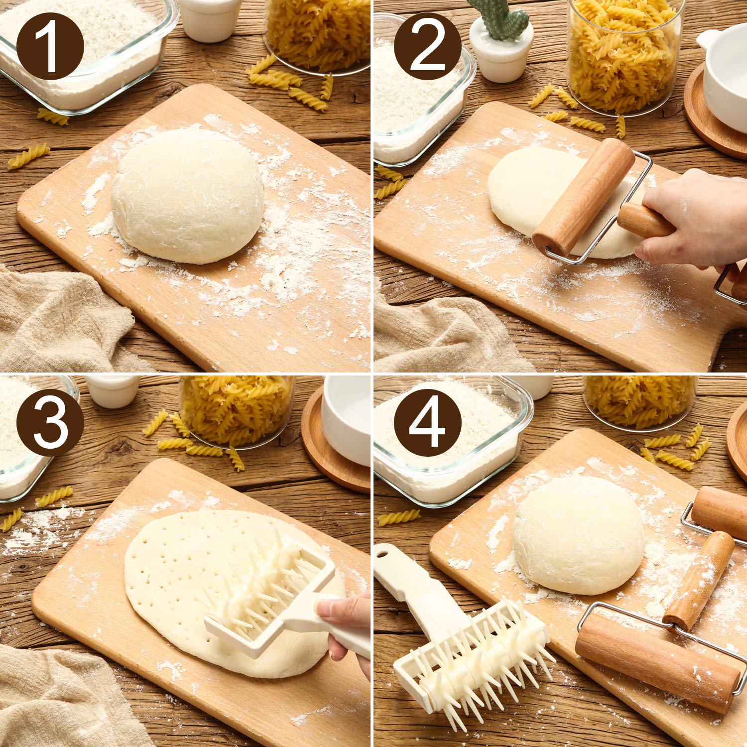 2 Pcs Pizza Dough Roller & Dough Docker Set, Plastic Dough Docker Pastry Roller With Spikes Wooden Rolling Pin, Non-Stick Pizza