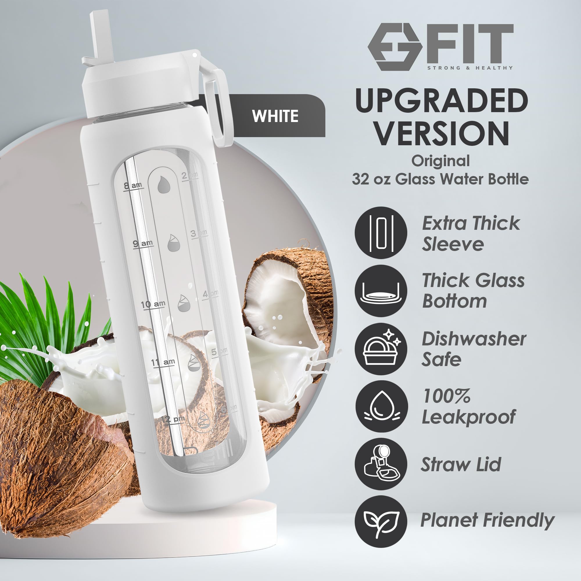 32 Oz Glass Water Bottle With Time Marker - Extra Lid, Reusable, Wide Mouth, Leakproof, Insulated Water Bottle With Silicone Sle