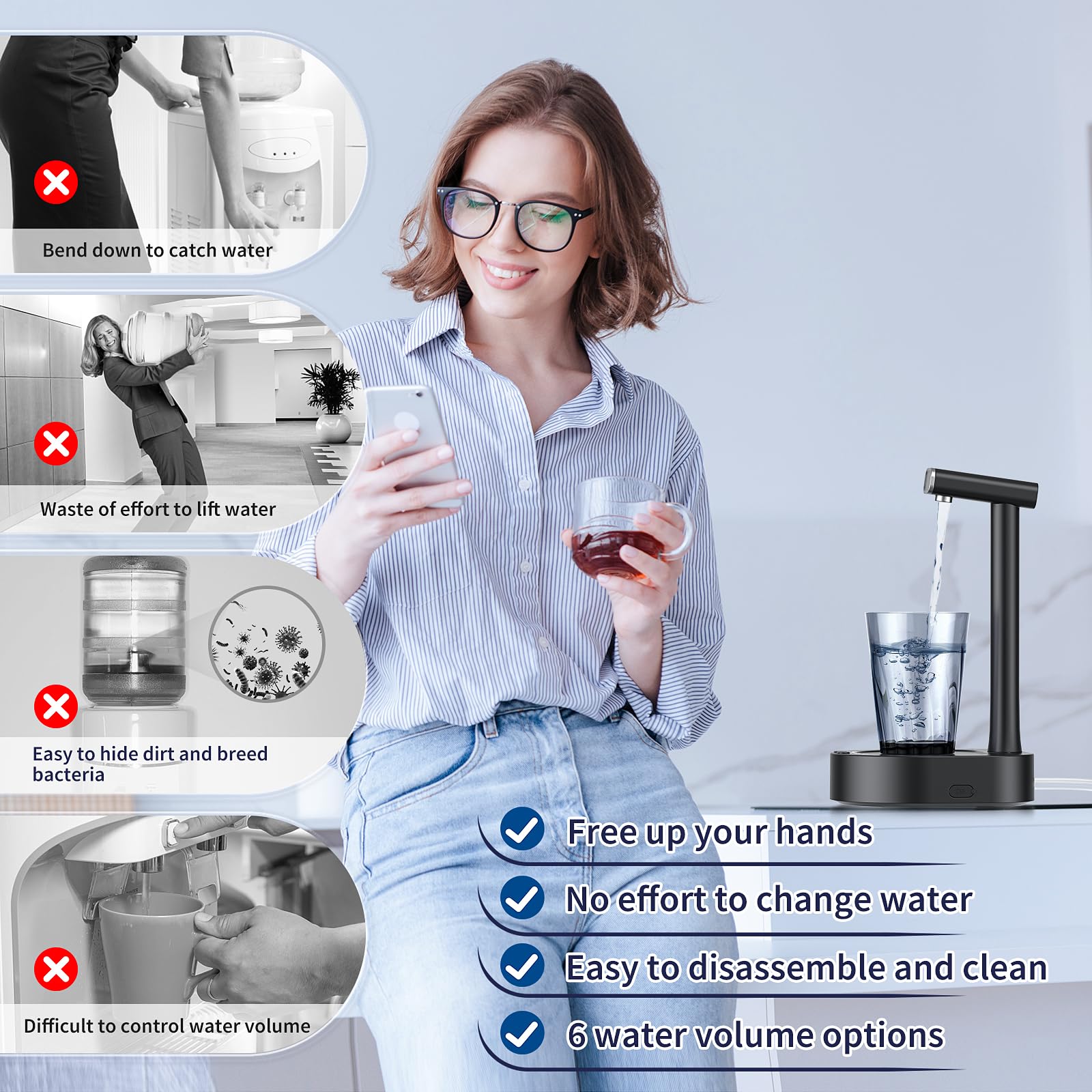 Water Dispenser - Desk Water Dispenser for 5 Gallon Bottle  Low Decibel Bedside Water Dispenser  Intelligent 7 Levels Ounce Portable Detachable Water Jug Pump for Camping Home Office Kitchen Travel