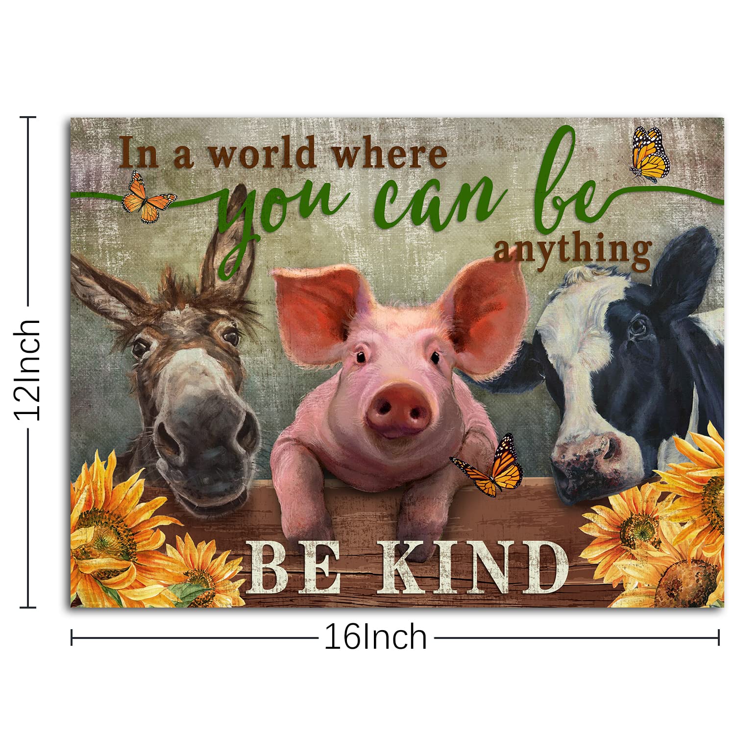 WOWGOOMO Rustic Farm Cow Pig Donkey Wall Art Be Kind Movitational Wall Art for Office Farmhouse Animal Picture Print on Canvas Painting Framed Artwork for Living Room Bedroom Kitchen Decor 12x16 inch