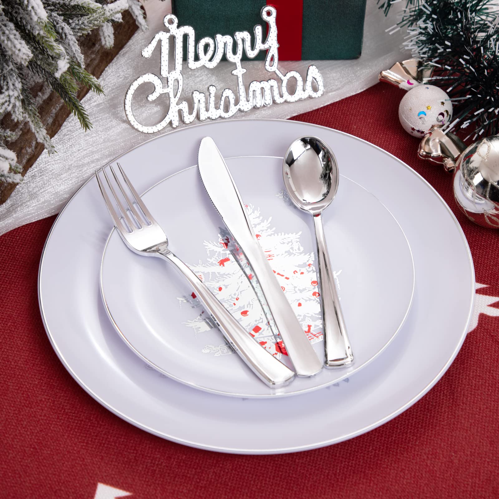 Rubtlamp 60PCS Christmas Plastic Plates, Disposable Party Plates, White Plastic Plates with Silver Christmas Tree Include 30Whit