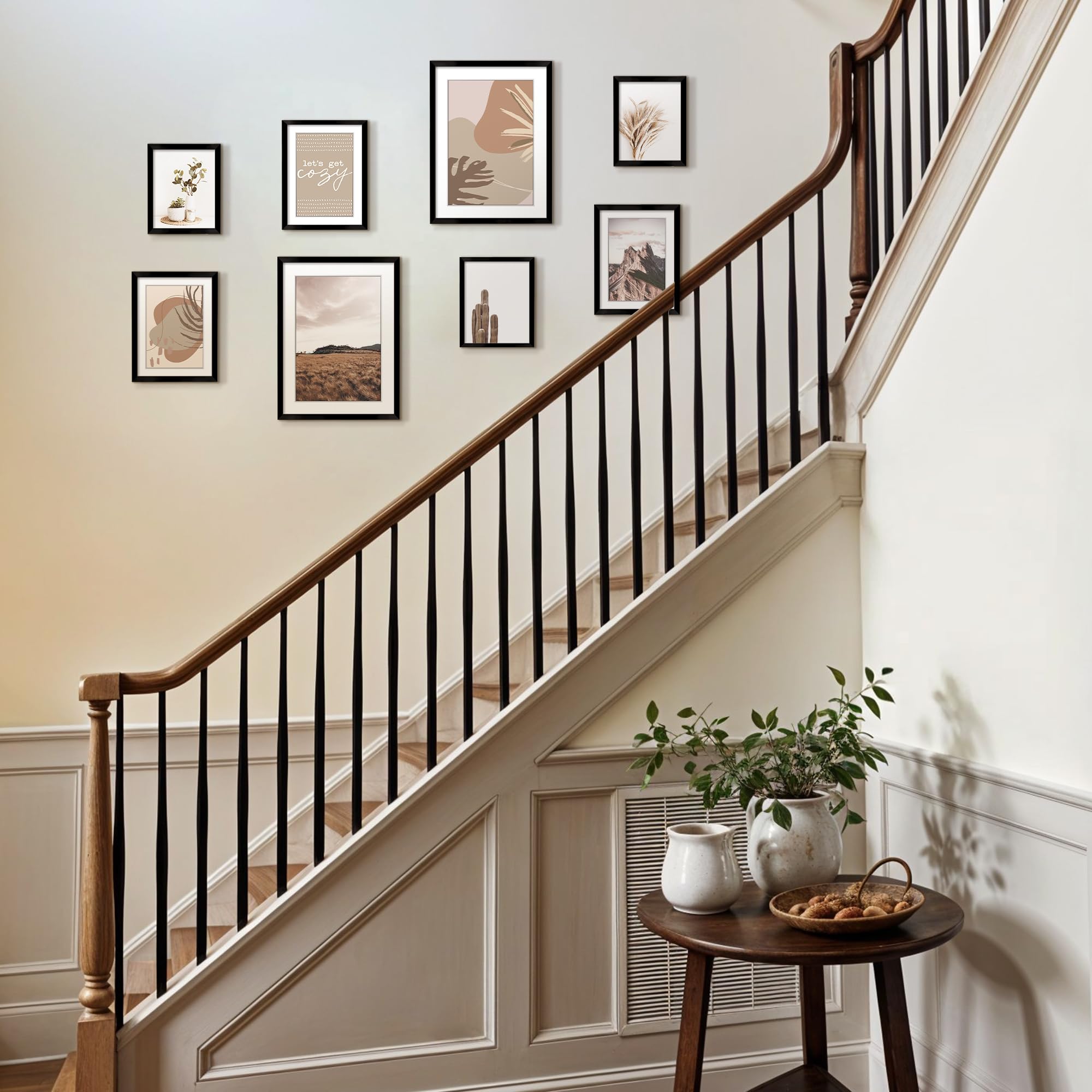 ArtbyHannah 8-Pack Black Framed Gallery Wall Art with Neutral Decorative Art Prints  Picture Frames Collage Modern Wall Decor with Multi-Size 11x14 x2pcs  8x10 x4pcs  6x8 x2pcs