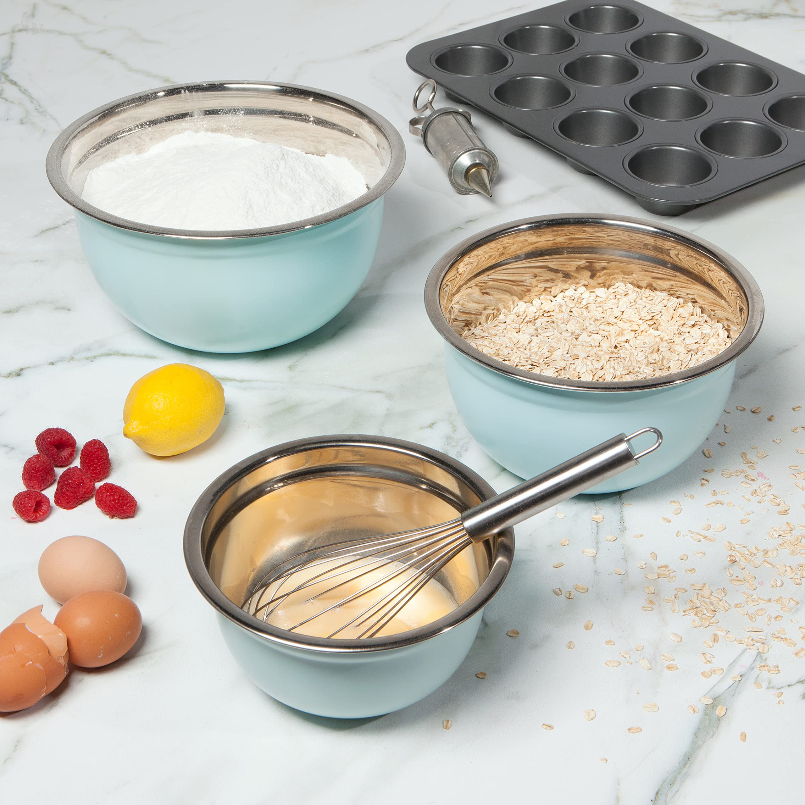 Now Designs Matte Coated Steel Mixing Bowls, Robins Egg Blue, 5 Qt, 3 Qt, 1.5Qt, Set Of 3