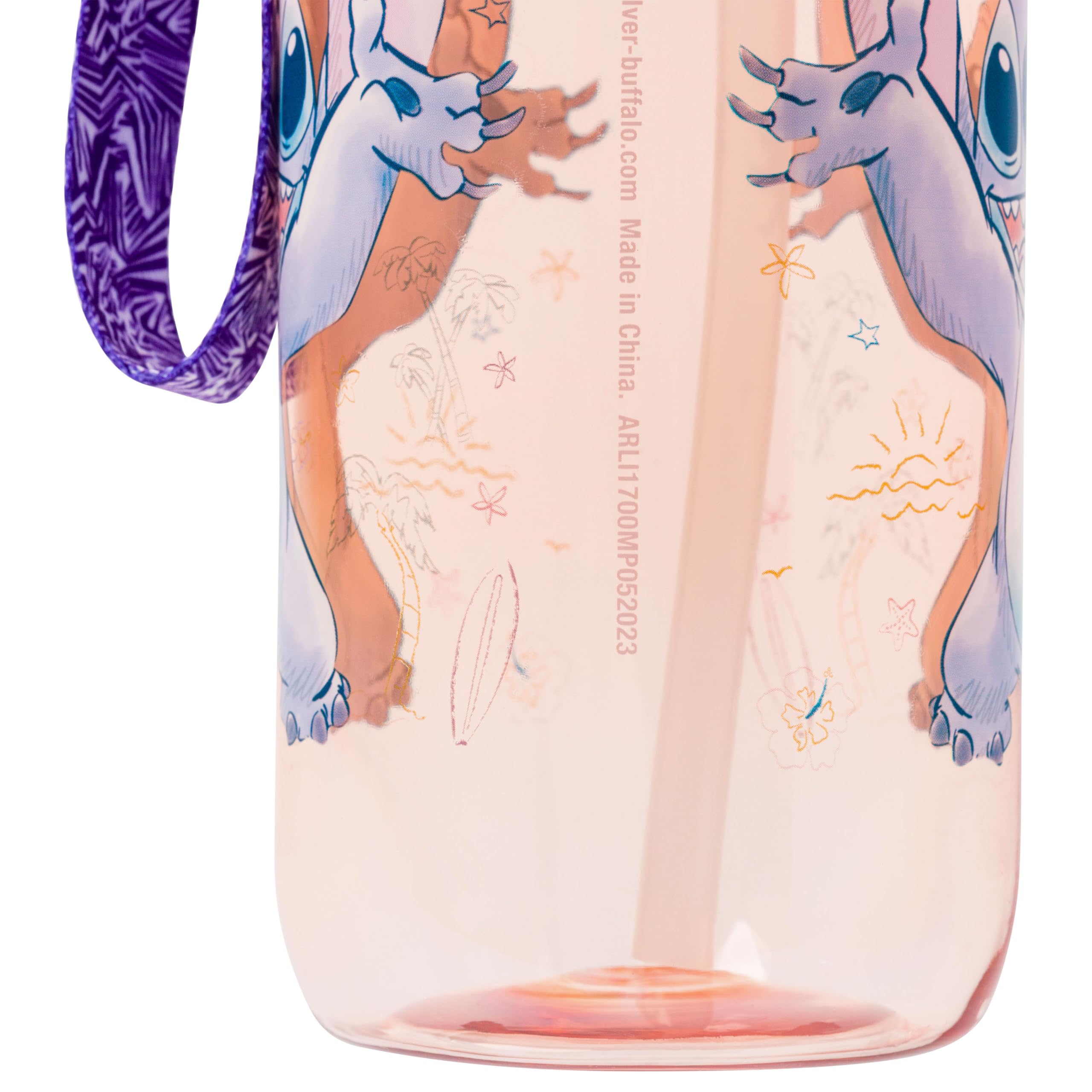 Silver Buffalo Disney Lilo And Stitch Chilled Vibes Plastic Water Bottle With Locking Lid, Strap, And Straw, 33 Ounces