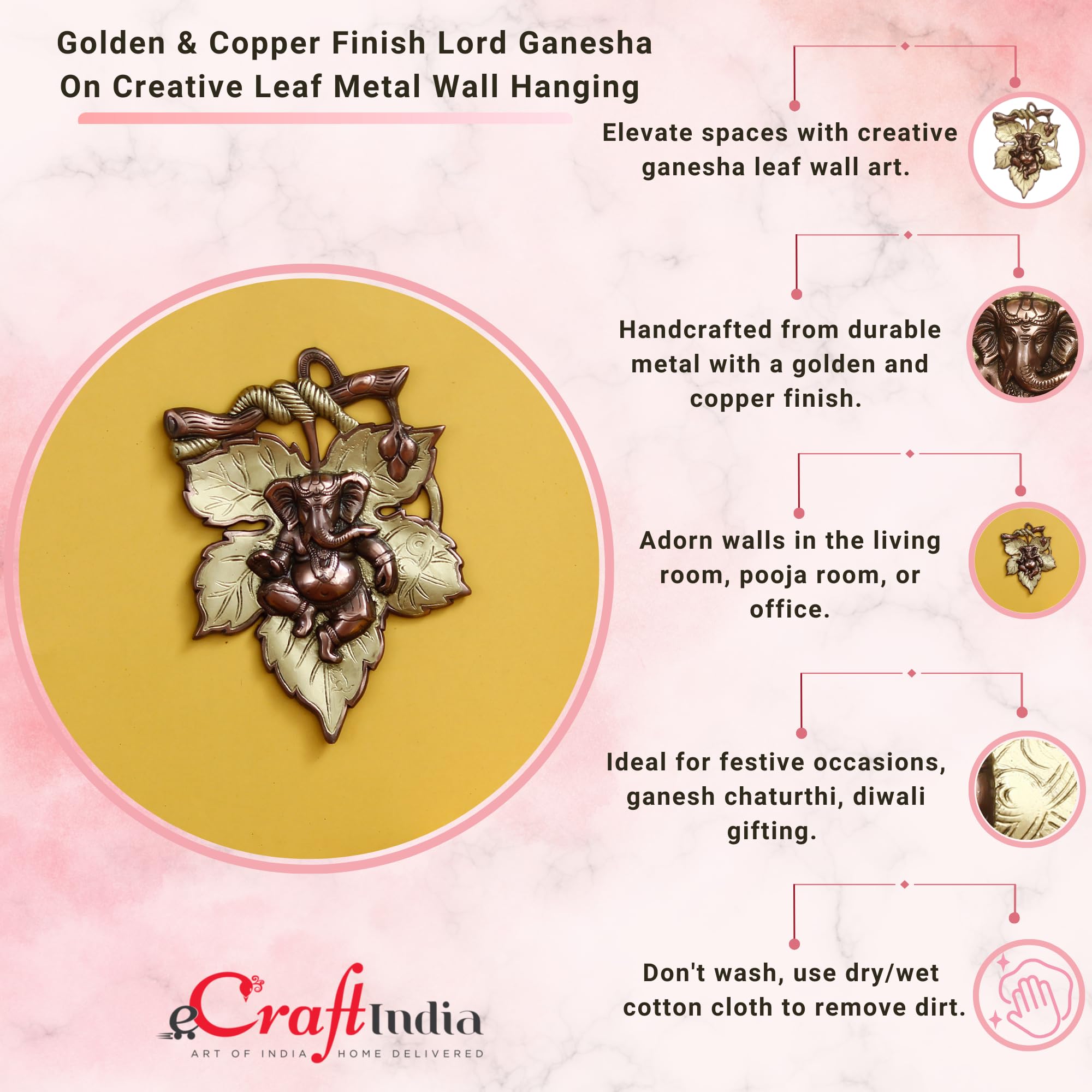 Ecraftindia Golden And Copper Finish Lord Ganesha On Creative Leaf Metal Wall Hanging - Decorative Hindu God Idol For Home, Livi