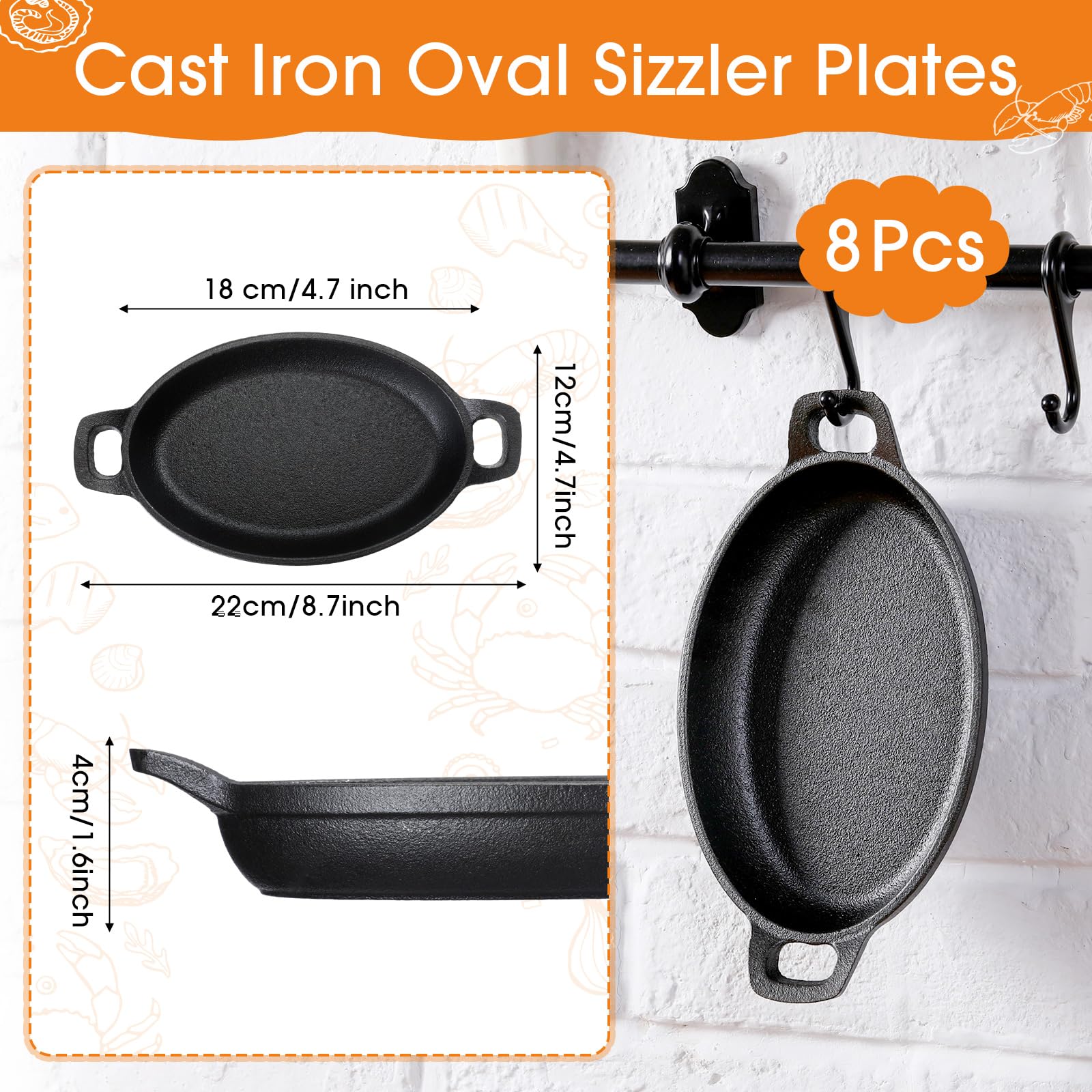 Mifoci 8 Pcs 16 Oz 8.7'' X 4.7'' Oval Serving Dish Mini Cast Iron Skillet Cast Iron Baking Pan Sizzling Plate Matte Black Gratin