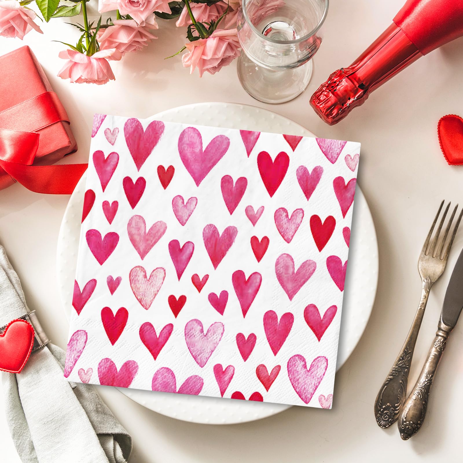 Anydesign 50 Pack Valentines Day Paper Napkins Pink Watercolor Heart Disposable Luncheon Dinner Napkins For Party Supplies Table