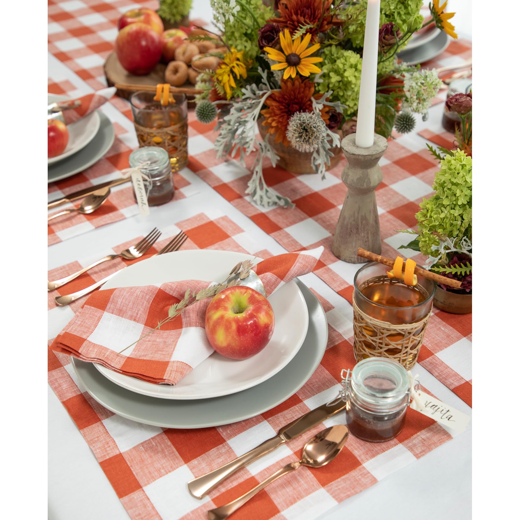 Solino Home Buffalo Check Linen Placemats 19'' L X 14'' W Inch - 100% Pure Linen Cinnamon And White Plaid Cloth Placemats Set Of