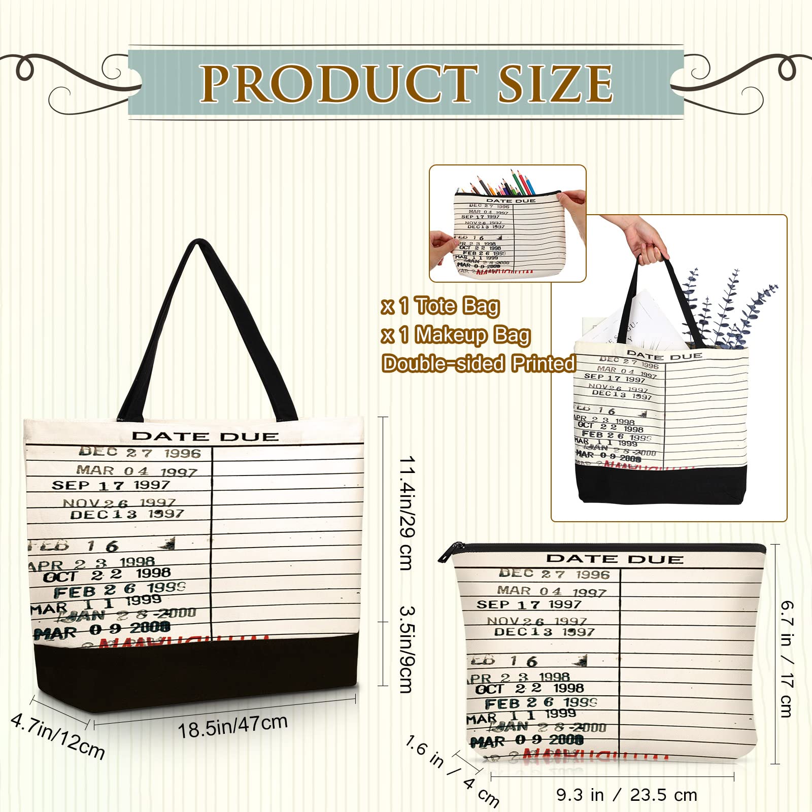 Sieral 2 Pcs Library Due Date Tote Bag For Library Lovers' Day Librarian Gifts Library Book Bag Book Tote Bag Canvas Toiletry Ba