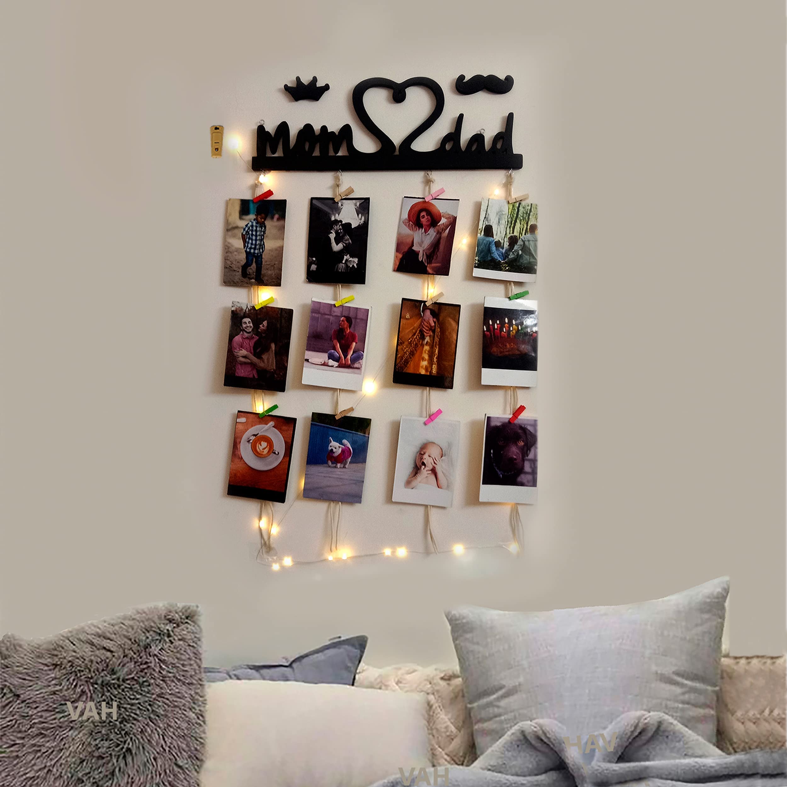 Vah Wooden Photo Frame With Led Light - Display Picture Collage Organizer With Clips (Mom And Dad With Light)