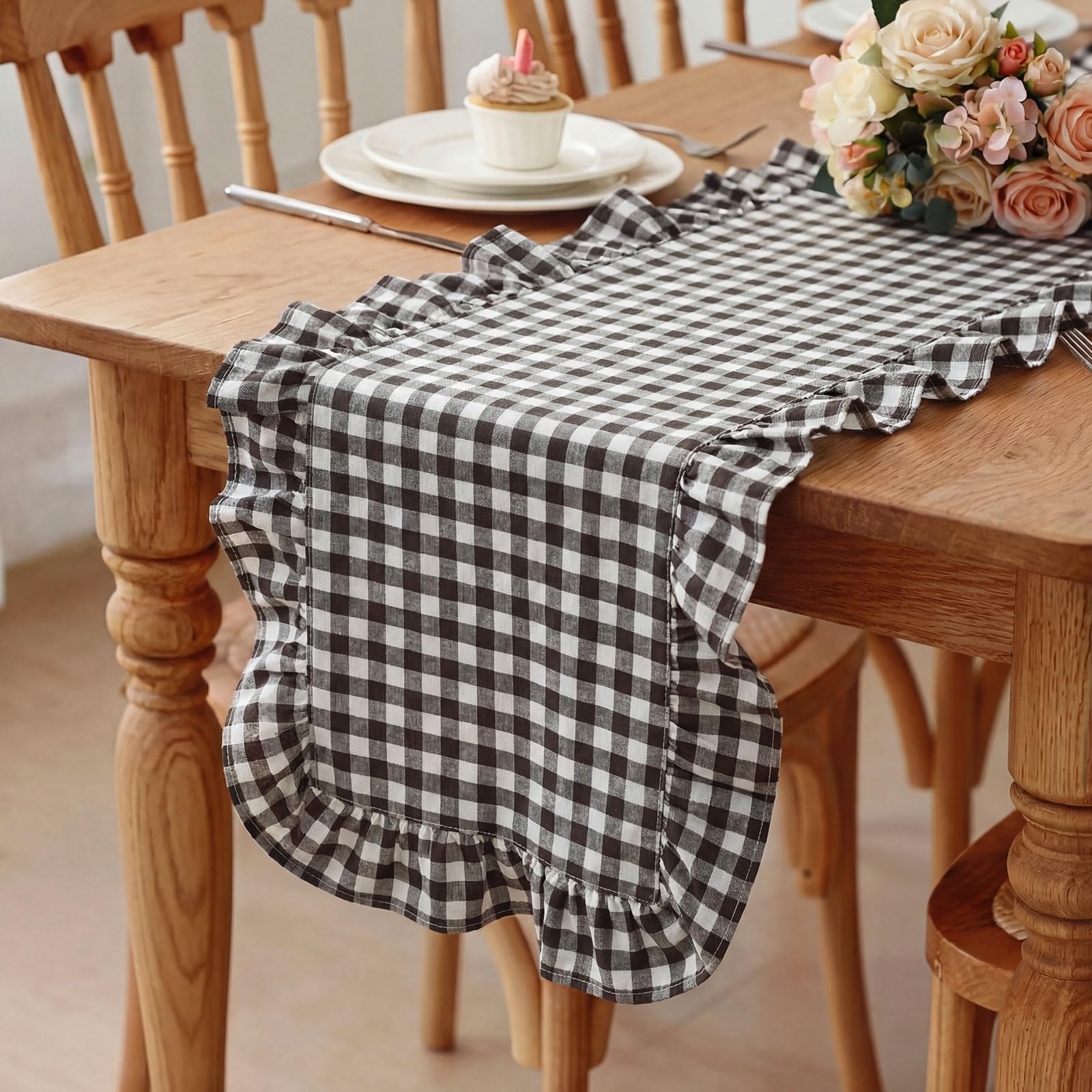 HunnmingRe 1 Pcs Dark Brown Plaid Gingham Ruffle Table Runner 118 x 13.8 Farmhouse Table Runner 100% Cotton Scalloped Long Dre
