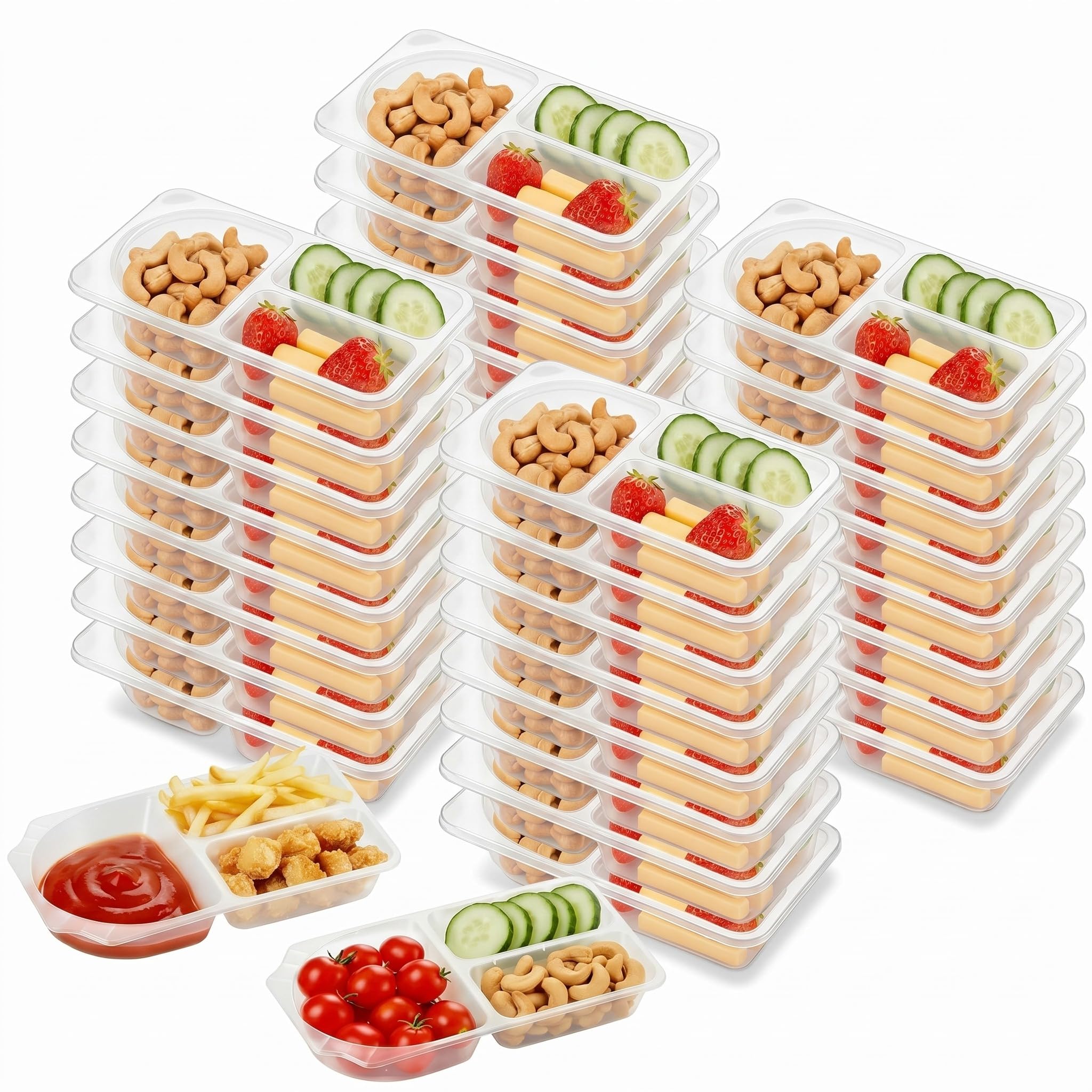 Blushtier 50 Sets 9 oz Reusable Snack Containers with Lids, 3 Compartment Snack Boxes for Lunch Packing, Condiments, Fruits, Sau
