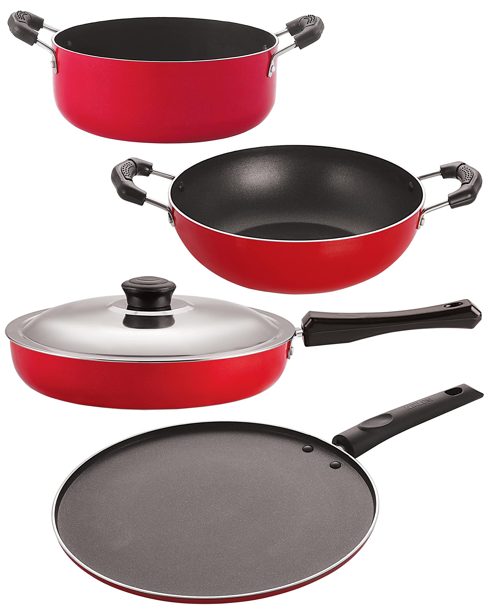 Nirlon NonStick Cookware Kitchen Cooking Essential Combo Set Of 4 Pieces (Fp10_Kd11_St12_Cs24)