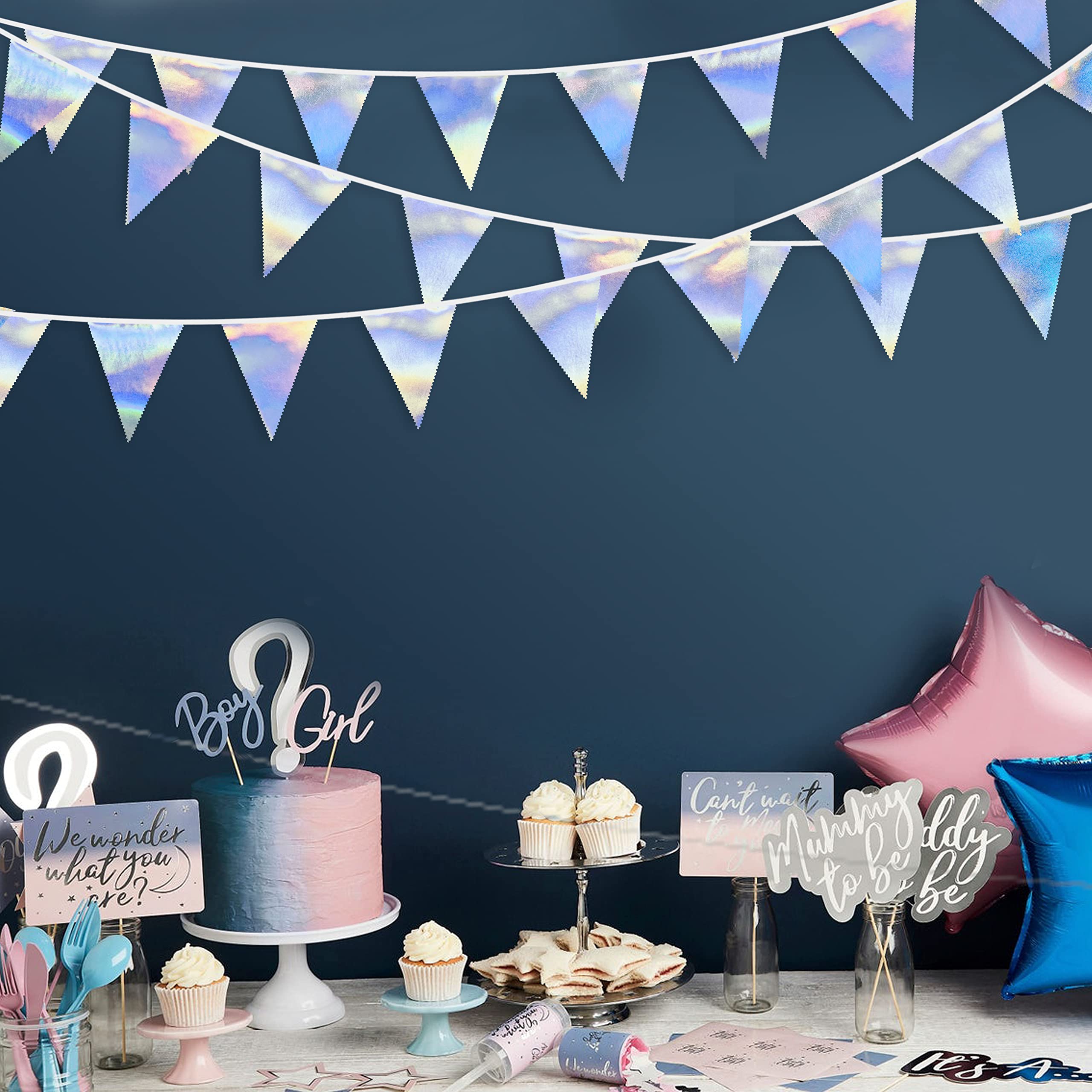 33Ft Iridescent Party Decoration Holographic Fabric Triangle Pennant Banner Flag Cotton Bunting Garland For Birthday Wedding Bri