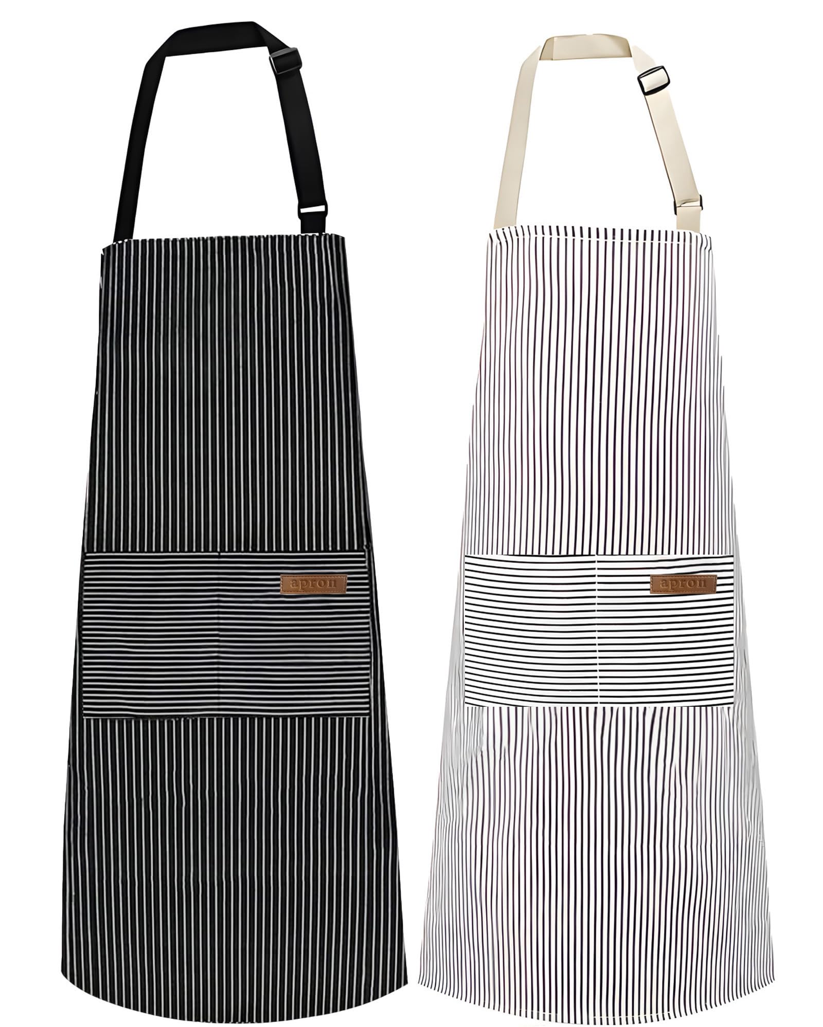 Serrenf 2 Pack Apron, Cooking Kitchen Aprons, Adjustable Bib Apron with 2 Pockets for Men Women Chef Apron (Black/Brown pinstrip