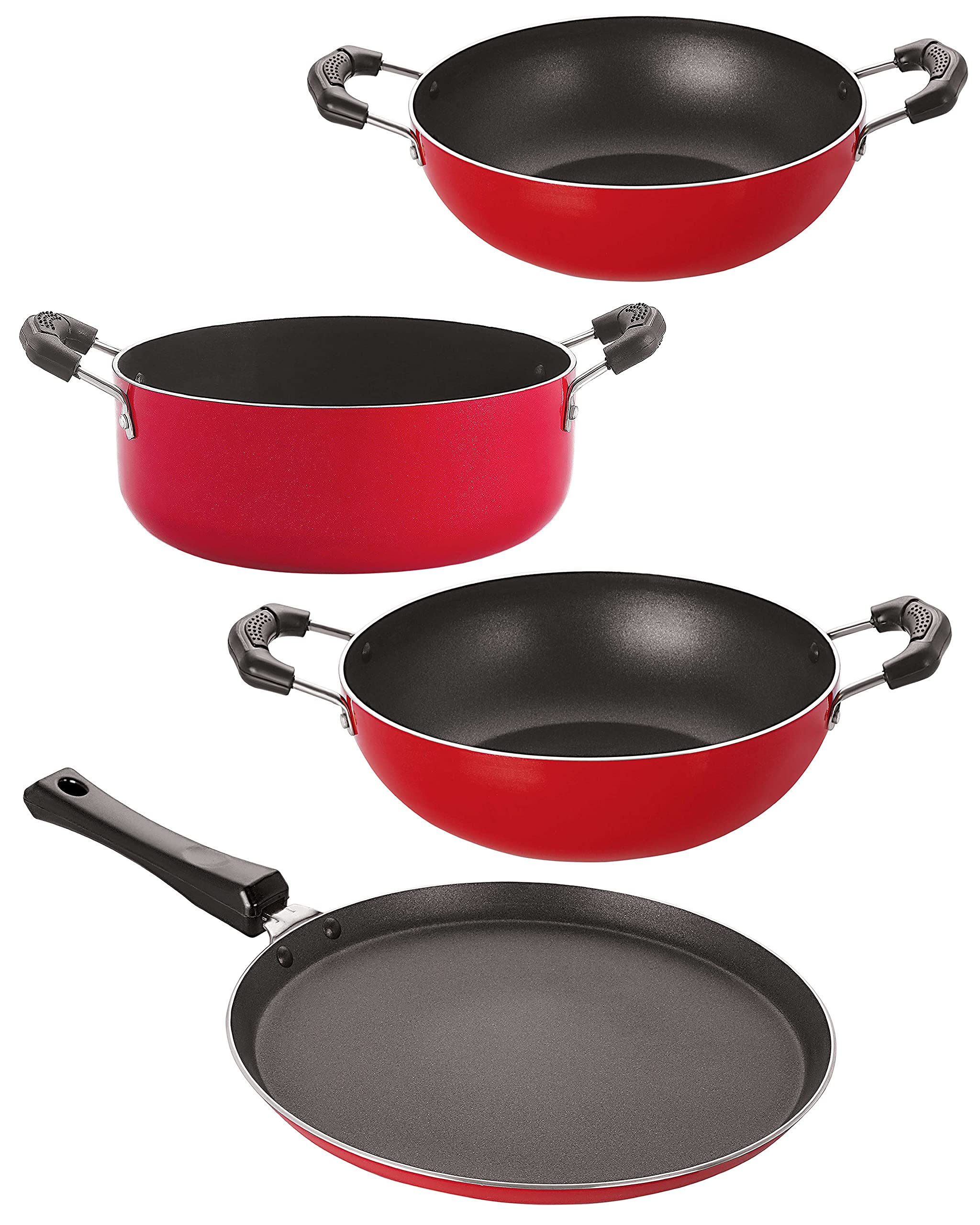 Nirlon Non Stick Pfoa Free Gas Compatible Cookware Utensil Item Set Of 4 Pieces With Bakelite Handle (Ft11_Kd11_Kd12_Cs24)