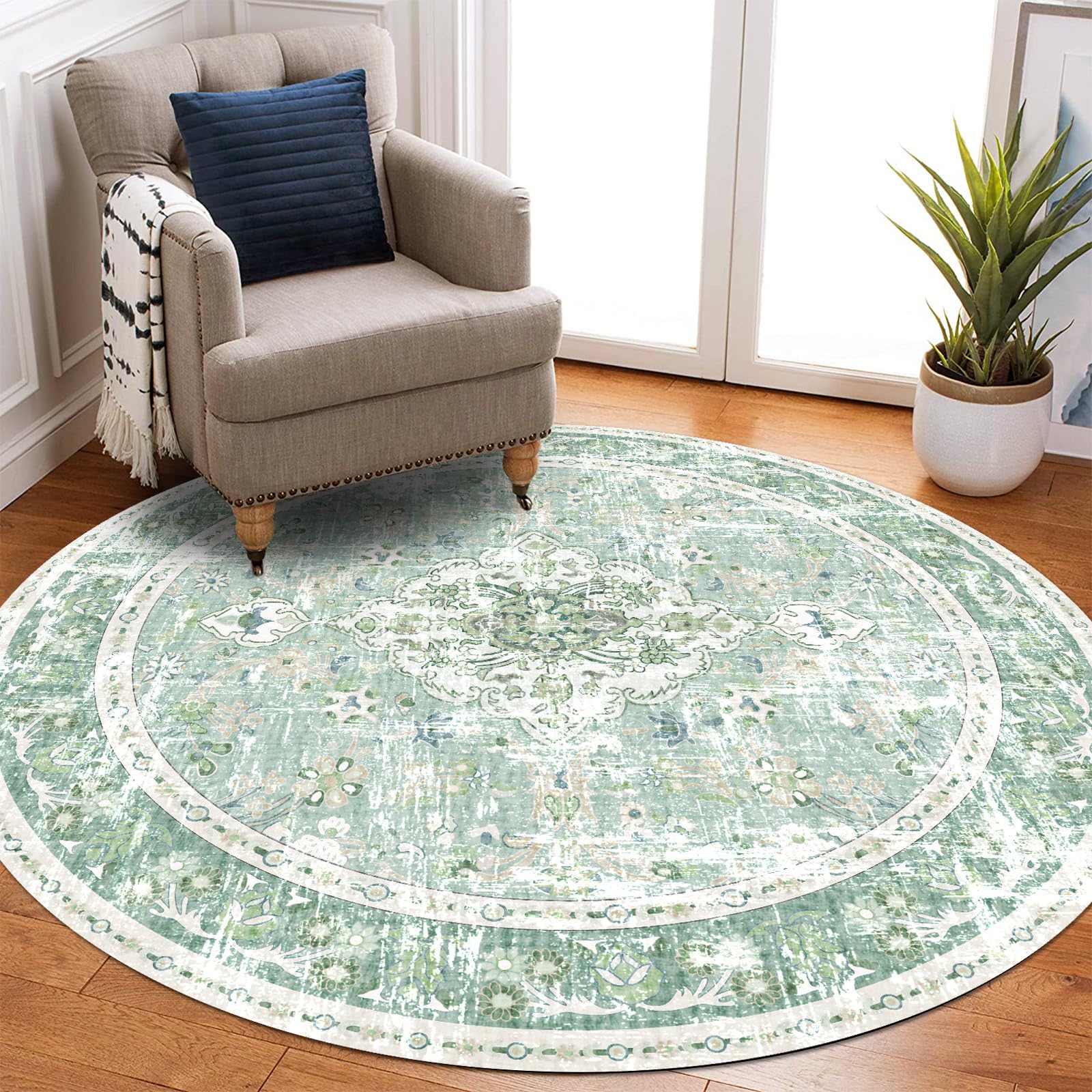 Vhong Washable Boho Area Rugs Vintage Modern Neutral Carpet Sage Green 5  5 High Traffic Round Rugs for Dinning Room Living Room