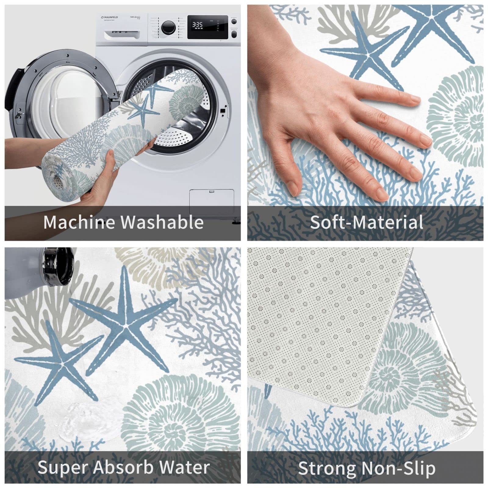 Coastal Beach Bath Mats For Bathroom Decor, Seashells Starfish Absorbent Bath Rug Non-Slip Floor Rug Carpets For Kitchen Bathroo