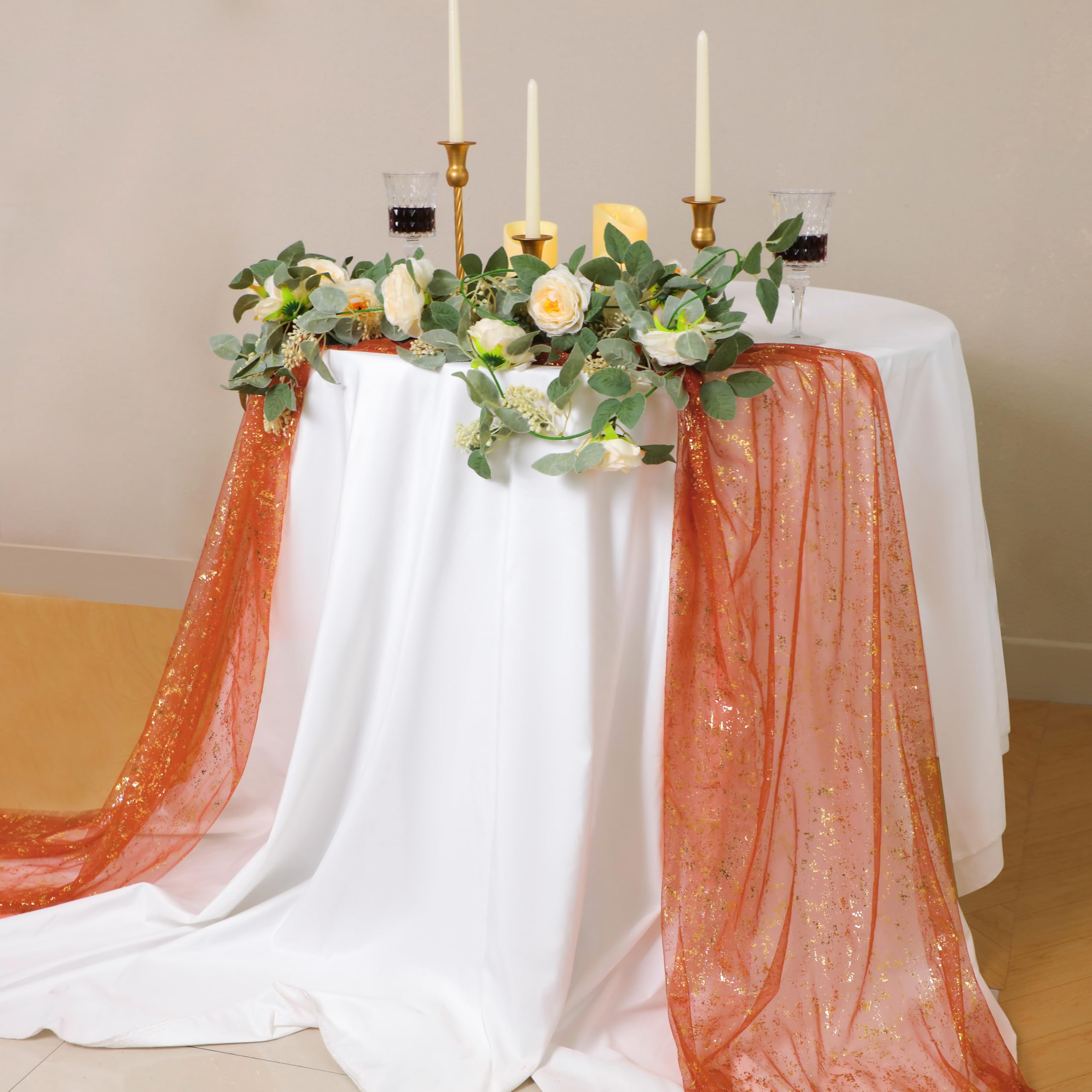 Snowkingdom 10 FT Fall Thanksgiving Table Runner Terracotta Gold Table Runner Burnt Orange Rust Sheer Chiffon Gauze Cheesecloth